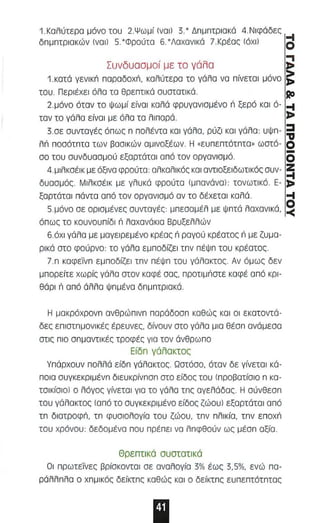 1.Καλύτερα μόνο του 2.Ψωμί (να ι ) 3 .. Δπμπτρ ι ακά 4.Νlφόδε, 
δπμπτριακών (ναι) 5 .. Φρούτα 6 .. ΛaχανlKά 7.Κρέα, (όχι) cI 
Συνδυααμαί με το γάλα e: 
1 . κατό YEVIKn παραδοχn , καλύτερα το γάλα να πίνεται μόνο i> 
του. Περιέχει όλα τα θρεπτικά συατατικό. 110 
2. μόνο όταν το ψωμί είναι καλά φρυγανισμ ένο n ξερά και ό- -ι 
ταν το γάλα είναι με όλα τα λιπαρά. J> 
3.αε συνταγέ, όπω, π πολέντα και γάλα, ρύζι και γάλα: υψπ- ~ 
λil π οσάτπτα τ ων βασικών α μι νοξέων. Η «ευ πεπτότπτα» ωατά- Ο 
σο του συνδυασμού εξαρτάται α πά τον οργανιαμό. (5 
4.μ l λκαέlκ με όξινα φρούτα: αλκαλικό, και αντlοξειδωτικό, συν- ~ 
δυααμό, . Μlλκσέlκ με γλυκά φρούτα (μ πα νάνα): τονωτικό. Ε- J> 
ξαρτάτα l πάντα από τον οργανιαμό αν το δέχεται καλό. -ι 
5.μάνο αε ορlαμένε, συντογές μπεοσμέλ με ψπτό λαχανικά, ~ 
όπω, το κουνου πίδι n λαχανάκιο Βρυξελλών 
6.άχl γάλσ μ ε μαγειρεμένο κρέο, n ραγού κρέατα, n με ζυμα­ρικά 
στο φούρνο : τα γάλα εμποδίζει τπν πέΨπ του κρέατος 
7.Π καφεΤνπ εμποδίζει τπν πέΨπ του γόλακτο, . Αν άμω, δεν 
μπορείτε χωρί, γάλσ στον καφέ σα" ΠΡοτl μ nστε καφέ απά κρι ­θάρι 
n από άλλα ψπμένα δπμπτριακό . 
Η μακρόχρονπ ανθρώπ ινπ παράδασπ καθώ, και οι εκατοντά­δε, 
επlστπμονlκέ, έρευνε" δίνουν στο γάλα μια θέσπ ανάμεαα 
στι, πι ο σ π μαντlκέ, τροφέ, για τον άνθρωπο 
Είδπ γάλακτσς 
γπάρχουν πολλά είδπ γάλοκτο, . Ωστόσο, όταν δε γίνεται κά­ποια 
συγκεκριμένπ διευκρίνπσπ στο είδο, του ( π ροβατίσιο π κσ­τσlκίσιο) 
ο λόγσ, γίνετα ι για το γόλα τπ, αγελάδα, . Η σύνθεσπ 
του γάλοκτο, {από το συγκεκριμένο είδα, ζώοul εξαρτάτα ι απά 
τπ δι ατροφn, τπ φυαιολογίο του ζώου, τπν πλlκία , τπν Enoxn 
του χρόνου: δεδομένα π ου πρέπει νο λπφθούν ω, μέσπ αξία . 
Θρεπτι κό συστατικό 
Οι πρωτεΤνε, βρίακοντοl σε αναλΟγία 3% έως 3,5%, ενώ π α­ράλλπλο 
ο χπμlκό, δείκτπ, καθώ, KOI ο δε ίκτπ, ευπεπτότπτα, 
11 
 