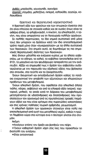 Ανθός: μπρόκολο, κουνουπίδι, αγκινάρα 
Καρπός: ντομάτα, μελιτζάνα, πιπεριά, κολοκύθα, αγγούρι, κο­λοκυθάκια 
Θρεπτικά και θεραπευτικά χαρακτnΡlστlκά 
Η θρεΠΤΙKrΊ αξία των φρούτων και των οπωρικών έγκειται στο 
ότι είναι πλούσια σε στοιχεία καθώς και σε ουσίες όπως είναι τα 
αιθέρια έλαια, τα φλαβονοειδπ, n πnκτίνn, τα αλKαλOεlδrΊ, n τα­vivn, 
που είναι anapaitnta για tn λειτουργία πολλών οργάνων. 
Σε πολλές περιπτώσεις, τα ίδια χnμικά συστατικά από μόνα 
τους δεν μπορούν να δράσουν κατά τον ίδιο αποτελεσματικό 
τρόπο παρά μόνο όταν «συνεργαστούν» με τα άλλα συστατικά 
των λαχανικών. Στο σnμείο αυτό, ας θυμnθούμε τις πιο σnμα­ντικές 
θεραπευτικές ιδιότnτες των λαχανικών: 
Μας δίνουν μέταλλα και ενέργεια κυρίως με τα άλατα ασβε­στίου, 
με το σίδnρο, το χαλκό, το κοβάλτιο (αποτελείται από tn 
812), το μαννάνιο και τον ψευδάργυρο (anapaitnta για tnv ανά­πτυξn). 
Αξίζει να σnμειωθεί πως n δράσn του ασβεστίου ουδε­τερώνεται 
με tnv παρουσία του οξαλικού οξέος που βρίσκεται 
στο σπανάκι, στα τεύτλα και τα ζαχαρότευτλα. 
Έχουν διουρnτlκrΊ και αντΙOξειδωΤΙKrΊ δράσn καθώς το ποτά­σιο 
ενεργοποιεί tnv αποβολπ των αζωτούχων και χλωριούχων 
προϊόντων του μεταβολισμού. 
Έχουν αλκαλlκπ δράσn, που οφείλεται στα αλκαλικά άλατα 
(κάλιο, νάτριο, ασβέστιο) και από τα ελαφρά οξέα (κιτρικό, ταρ­ταρικό, 
μnλlκό), τα οποία κατά tn διάρκεια του μεταβολισμού 
μετατρέπονται σε υδατάνθρακες και διτατάνθρακες που προ­στατεύουν 
τον οργανισμό από τις πρωτεϊνούχες τροφές (παρά­γουν 
οξέα) και που είναι χρrΊσιμOΙ στις πυρετώδεις καταστάσεις 
και στις χρόνιες παθrΊσεις (OυΡIKrΊ αρθρίτιδα, ρευματlσμοΟ. 
Η αλKαλΙKrΊ δράσn των οργανικών στοιχείων είναι πολύ πιο 
απoτελεσμαΤΙKrΊ από αυτπ του μεταλλικού νερού, καθώς n πρώ­tn 
λαμβάνει χώρα στα κύπαρα ενώ n δεύτερn γίνεται στο στο­μάχι. 
Ακόμn: 
-Ανοίγουν επίσnς tnv όρεξn και βοnθούν tnv πέψn. 
- Έχουν καθαρτικπ δράσn xdpn στις ίνες που προκαλούν tn 
διαστολπ του εντέρου. 
- Είναι avtlonntIKd 
Ι 
 