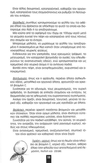 Είναι τέλας διουρπτι κό, καταπραϋντι κό, καθαρίζει τον Opyavl­αμό, 
KaIanpaOVEI τους στομαχόπονους και ρυθμίζει τπ λειτουρ­γία 
του εντέρου . 
Βασιfιικός: αυνπθως χρπσιμ οποιούμε τα φύλλα του (το αιθέ­p 
o έλαιό του βρίσ κετα ι σε ολόκλπρο το φυτό) τα σπαία και δια­τπραύμε 
στο λ άδ ι n τα αποξπρα ίνουμε . 
Μία κούπα από το οφέΨπμά του (3γρμ σε 100γρμ νερό) μετά 
το γεύματα ευνοεί τπν πέ Ψπ KOI KaIanpaOVEI από ταυς πόνους 
στο στομάχι και το έντερο. 
Μπορούμε μάλιστα, να μυρίσουμε τα φύλλα του ( αποξπρα­μ 
ένα n ανα κατεμένα με λίγο καπνό) όταν υποφέραυμε α πό πα ­νοκεφάλους 
ve uplKnc φύσεως. 
Ενδείκνυται για τπν γαστρίτιδα, ταυς ερευγμαύς (ρέΨιμα), τα 
μετεωρισ μό, τπν καταρραϊκπ βραγχίτιδα (οι ουσίες τα υ ελευθε­ρώναυν 
τις ανα πνευστ ικές αδούς), ενώ χρπσιμοποιείταl κα ι ως 
πρεμιστικό στα νευρικά άτομα n τα ανπσυχα παιδιά . 
Βοπθά στπν πέψπ , είναι αντιφλεγμονώδες. εκφυσ πτ ικό κα ι α ­παχ 
ρ ε μπτι κό. 
Βοτόμουρο: όπως κα ι π φράουλα , περιέχει ά λατα σαλ l κυλl ­καύ 
οξέας. μεταλλι κά και αργανlκά άλατα, φρουκτόζπ και αρκε ­τπ 
βιταμίνπ C. 
Συνίσταται για τπ αδυνα μία, ταυς ρευματισμαύς, τπν OuplKn 
αρθρίτιδα, τπ δυσπεΨία σε επίπεδα στομάχαυ και εντέρου, τις 
δερματίτιδες και τις φλεγμονές του ουραποιπτικσύ αυστΠματος . 
Ανοίγει τπν όρεξπ, είνα ι διαυρπτι κό, τονωτικό, μει ώνει το αυ ­ρικό 
αξύ , καθαρίζει ταν αργανιαμό κα ι μας εφαδιάζεl μ ε άλατα . 
Βερίκοκο: περιέχει αρκετπ ποσότπτα β ιταμ ινών και μεταλλι­κών 
στοιχείων . Όταν είνα ι ώριμο μόλιστα, είνα ι ιδ ιαίτερα εύ πε­πτα 
(σε πολλ ές περιπτώσεις ω στόσο , ε ίνα ι δύσπεπτο) . 
Συνιστάτα ι για τπν παιδlκn κατόθλlΨπ , τπν αϋπνία , τπ νε υρικό­τπτα, 
τπν α νορεξία, τπν ανάρρωσπ (απά ραχιτισμό κυρίως), κα­θώς 
και αταυς πλlκl ω μέναυς. 
Είναι αντιανε μι κό, πρεμιστικό, αναζωαγονπτι κό, στυ πτικό (ό­ταν 
είναι φρέσκα) και καθαρτικό (όταν είνOl ξπ ρό) 
Γκοέιπ- φρουτ: άπ ως και το λεμόνι είνα ι πλού­σιο 
σε βιταμίνπ C, κιτρικό αξύ , ππκτίνπ , αιθέριο 
έλαιο (στπ φλαύδα τoυJ αποτελαύμενά από λε­μ 
ονίνπ , nlvnvn και citra(e. 
Ι 
 