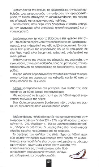 Ενδείκνυται για τπν αναι μία , τις αρθροπόθειες, τπν OuplKn αρ­θρίτιδα, 
τους ρευμαΊΙαμούς, τπν υ πέ ρτασπ, τπν αpτπploσKλt'1- 
ρωσπ, τα εύθραυστα αγγεία , τπ χολlκn ανεπάρκε ια , τον πυρετά, 
τπν ολιγουρία και τις αναπνευσΊΙκές noenOEIc. 
Βοπθά ε π ία πς, στπν πέΨπ, είνα ι δισυρπτι κό, εύπεπτο, καθαρί­ζει 
τον οργανισμά, είναι υ πατααl κό, υπαχσλπσταιΡεμlκά και α­VΤlαlμOppαγlKά. 
Δαυάακπνα: στσ εμπόρισ το βρίσκουμε είτε φρέσκο είτε ξπ­ρό. 
Στπ δεύτερπ περίπτ ωσπ είναι πολύ πλούσιο σε θρε πτικό αυ­στσΊΙκά, 
ενώ n θεΡμlδlκn του αξία αυξάνει σπμαvτl Kά. Το αφέ­ψπμα 
των φύλλων τπς δα μσσκπνιάς 125 με 30 γρα μμάρια σε 
ένα λίτρο νερόl είνα ι δ ιου ρπτ ι κό, κσθαρτικό, ανθελμινθlκό και 
σvτlπυpετlKό . 
Ενδείκνυτα ι για τπν αναιμία , τπν αδυναμία, τπν ανάπτuξπ, τπν 
εγκυ μοσύνπ , τπν OuplKn σρθρίτιδσ, τους ρευ μσΊΙσ μαύζ τπν αρ ­τπploσKλt' 
1 pωσπ, ΊΙς ππατο πάθειες, τπ δυσκαιλι ότπτα , τις α ιμαρ­ροϊδες 
Το ξπρό κυρίως δα μάακπνο είναι τονωτικό και γενικά το δα μά ­σκπνο 
τονώνει τον οργανισμό, τον καθαρίζε ι και βο πθό στπν α­ποσυμφόρπσπ 
του συκωΊΙού . 
Δάφνπ : χρπσιμο πο ιείταl στπ μαγειρικ'; Ιένα φύλλο τπς κάθε 
φopάl για να δώσει άρωμα στα φαγπτά μας . 
Μία κού πα από το έγχυμά τπ ς 11 γρμ αε 100ml νερoύl ενερ­γοπα 
ιεί τα ένζυ μα τπς π έψπς . 
Ε ίναι ιδια ίτερα αρωματικn, βοπθά στπν πέΨπ , ανοίγει τπν όρε­ξπ, 
και έχει α nοχ Ρεμπnκn και εκφυαnτ ι κn δράσπ. 
ΕΙΙIές: υπάρχουν παλλά είδπ : αυτές που χρπαlμoπolαύvται ατπν 
δlαΤΡοφn περιέχουν λιπίδια 25% - 27%, χα μnλn πασότπτα π ρω­τεϊ' 
νπς 11% - 2%1, γλυκίδια 11% - 5%1 και υψ πλt'1 ποσότπτα ποτααί­ου, 
σιδriρου και ασβεατίου. Ο ι μαύρες ελιές ε ίνα ι πι ο φτωχές αε 
γλυκίδια και είνα ι nlo εύ πε πτες από ΊΙς πράαινες . 
Το αφέψπμα τ ων φύλλων τπς ελιάς 13γρμ σε 100ml νερό: 
δύο καύ πες τπν πμέραl είναι χΡnσl μο ατον πυρετό, τπ δυσκοι­λιότπτα, 
και τπν πίεσπ . Συνlστ ώVΤαl επ ίαπς για το διαβriτn, τπ ν 
nnaIIKn ανεπόρκεια, τπν πέτρα ατπν χoλt'1. Πρό- 
κειται λοιπόν, για ένα καρπό τονωτικό, χολαγω- '- .:J γό, χολαιρετlκό, και αvτlφλεγμoνώδπ. ~ J 
ενώ παράλλπλα είναι αvτlσΠΠΤI Kό, μειώνει το σάκχαρο 
Ι 
 