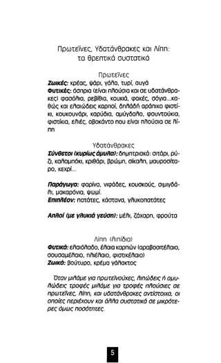 Πρωτεϊνες, Vδατάνθρακεc και Λίπn: 
τα θρεπτικά συστατικά 
Πρωτεϊιες 
Ζωικές: κρέας, Ψάρι, γάλα, τυρί, αυγά 
Φυτlκές: όσπρια (είναι πλούσια και σε υδατάνθρα­κες) 
φασόλια, ρεβίθια, κουκιά, φακές, σόγια ... κα­θώς 
και ελαιώδεις καρποί, δnλάδn αράπικο φιστί­κι, 
κουκουνάΡΙ, καρύδια, αμύγδαλο, φουντούκια, 
φιστίκια, ελιές, αβοκάντο που είναι πλούσια σε λί­nn 
Υδατάνθρακες 
ΣύνθΒΤΟI (κυρίωςάμυλαJ:δnμnΤΡιακά: σιτάρι, ρύ­ζι, 
καλαμπόκΙ, κριθάρι, βΡώμn, σίκαλn, μαυροσίτα­ρο, 
κεχρί ... 
παράγωγα: φαρίνα, νιφάδες, κουσκούς, σιμιγδά­λι, 
μακαρόνια, ψωμί. 
Επιπλέον: πατάτες, κάστανα, γλυκοπατάτες 
Απλοί (με γλυκιά γsύσΠJ: μέλι, ζάχαΡn, φρούτα 
Aίnn (λιπίδΙα) 
Φυτlκά: ελαιόλαδο, έλαια καρπών (αραβοσιτέλαιο, 
σουσαμέλαιο, nλιέλαιο, φιστικέλαιο) 
Ζωικά: βούτυρο, κρέμα γάλακτος 
Όταν μιλάμε για πρωτεϊνούχες, λιπώδεις Γι αμυ­λώδεις 
τροφές μιλάμε για τροφές πλούσιες σε 
πρωτείiιες, λίππ, και υδατάνθρακες αντίστοιχα, οι 
οποίες περιέχουν και άλλα συστατικά σε μικρότε­ρες 
όμως ποσότπτες. 
Ι 
 