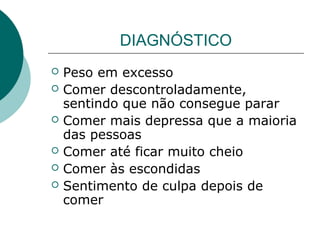DIAGNÓSTICO







Peso em excesso
Comer descontroladamente,
sentindo que não consegue parar
Comer mais depressa que a maioria
das pessoas
Comer até ficar muito cheio
Comer às escondidas
Sentimento de culpa depois de
comer

 