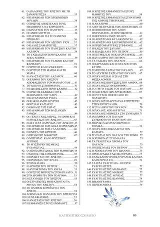 ΚΑΤΗΧΗΤΙΚΟ ΣΧΟΛΕΙΟ 80
61. Ο ΔΙΑΛΟΓΟΣ ΤΟΥ ΧΡΙΣΤΟΥ ΜΕ ΤΗ
ΣΑΜΑΡΕΙΤΙΣΣΑ…………………………..33
62. Η ΠΑΡΑΒΟΛΗ ΤΩΝ ΧΡΕΩΜΕΝΩΝ
ΔΟΥΛΩΝ…………………………………..34
63. Ο ΧΡΙΣΤΟΣ ΑΠΟΣΤΕΛΛΕΙ ΤΟΥΣ
ΕΒΔΟΜΗΝΤΑ ΝΑ ΚΗΡΥΞΟΥΝ…………35
64. Ο ΚΙΝΔΥΝΟΣ ΤΟΥ ΠΛΟΥΤΟΥ………….35
65. ΟΙ ΑΜΠΕΛΟΥΡΓΟΙ……………………….36
66. Η ΠΑΡΑΒΟΛΗ ΓΙΑ ΤΟ ΧΑΜΕΝΟ
ΠΡΟΒΑΤΟ…………………………………36
67. Η ΠΑΡΑΒΟΛΗ ΤΟΥ ΑΣΩΤΟΥ ΥΙΟΥ…...37
68. Ο ΚΑΛΟΣ ΣΑΜΑΡΕΙΤΗΣ………………...37
69. Η ΠΑΡΑΒΟΛΗ ΤΟΥ ΠΛΟΥΣΙΟΥ ΚΑΙ ΤΟΥ
ΛΑΖΑΡΟΥ…………………………………38
70. ΤΟ ΤΑΞΙΔΙ ΣΤΗΝ ΙΕΡΟΥΣΑΛΗΜ - ΟΙ
ΔΕΚΑ ΛΕΠΡΟΙ………………………….....39
71. Η ΠΑΡΑΒΟΛΗ ΤΟΥ ΤΕΛΩΝΗ ΚΑΙ ΤΟΥ
ΦΑΡΙΣΑΙΟΥ……………………………….39
72. Ο ΧΡΙΣΤΟΣ ΚΑΙ Ο ΖΑΚΧΑΙΟΣ………….39
73. Ο ΧΡΙΣΤΟΣ ΣΤΗ ΜΑΡΘΑ ΚΑΙ ΤΗ
ΜΑΡΙΑ……………………………………..40
74. Η ΑΝΑΣΤΑΣΗ ΤΟΥ ΛΑΖΑΡΟΥ…………40
75. ΟΙ ΕΧΘΡΟΙ ΤΟΥ ΧΡΙΣΤΟΥ
ΑΠΟΦΑΣΙΖΟΥΝ ΤΟΝ ΘΑΝΑΤΟ ΤΟΥ…..41
76. ΤΟ ΔΕΙΠΝΟ ΣΤΗ ΒΗΘΑΝΙΑ……………..41
77. Η ΕΙΣΟΔΟΣ ΣΤΗΝ ΙΕΡΟΥΣΑΛΗΜ………42
78. Ο ΧΡΙΣΤΟΣ ΕΚΔΙΩΚΕΙ ΤΟΥΣ
ΒΕΒΗΛΩΤΕΣ ΤΟΥ ΝΑΟΥ………………..42
79. Η ΚΑΤΑΡΑΜΕΝΗ ΣΥΚΙΑ………………..43
80. ΟΙ ΚΑΚΟΙ ΑΜΠΕΛΟΥΡΓΟΙ……………...43
81. ΘΕΟΣ ΚΑΙ ΚΑΙΣΑΡΑΣ……………………43
82. Ο ΟΒΟΛΟΣ ΤΗΣ ΧΗΡΑΣ…………………44
83. Η ΠΑΡΑΒΟΛΗ ΤΩΝ ΒΑΣΙΛΙΚΩΝ
ΓΑΜΩΝ…………………………………….44
84. ΟΙ ΤΕΛΕΥΤΑΙΕΣ ΜΕΡΕΣ, ΤΑ ΠΑΘΗ ΚΑΙ
Η ΑΝΑΣΤΑΣΗ ΤΟΥ ΧΡΙΣΤΟΥ…………..45
85. Η ΔΕΥΤΕΡΑ ΠΑΡΟΥΣΙΑ ΤΟΥ ΧΡΙΣΤΟΥ.45
86. Η ΠΑΡΑΒΟΛΗ ΤΩΝ ΔΕΚΑ ΠΑΡΘΕΝΩΝ.45
87. Η ΠΑΡΑΒΟΛΗ ΤΩΝ ΤΑΛΑΝΤΩΝ………46
88. Η ΗΜΕΡΑ ΤΗΣ ΚΡΙΣΕΩΣ………………...46
89. Ο ΠΡΟΔΟΤΗΣ ΜΑΘΗΤΗΣ……………….47
90. Ο ΝΙΠΤΗΡΑΣ ΚΑΙ Ο ΜΥΣΤΙΚΟΣ
ΔΕΙΠΝΟΣ…………………………………..47
91. ΤΟ ΜΥΣΤΗΡΙΟ ΤΗΣ ΘΕΙΑΣ
ΕΥΧΑΡΙΣΤΙΑΣ…………………………….48
92. Ο ΑΠΟΧΑΙΡΕΤΙΣΜΟΣ ΤΩΝ ΜΑΘΗΤΩΝ.48
93. Ο ΚΗΠΟΣ ΤΗΣ ΓΕΘΣΗΜΑΝΗΣ…………48
94. Η ΠΡΟΣΕΥΧΗ ΤΟΥ ΧΡΙΣΤΟΥ…………...49
95. Η ΠΡΟΔΟΣΙΑ ΤΟΥ ΙΟΥΔΑ………………49
96. ΣΤΟΝ ΚΑΪΑΦΑ……………………………50
97. Η ΑΡΝΗΣΗ ΤΟΥ ΠΕΤΡΟΥ……………….51
98. Η ΑΥΤΟΚΤΟΝΙΑ ΤΟΥ ΙΟΥΔΑ…………..51
99. Ο ΧΡΙΣΤΟΣ ΜΠΡΟΣΤΑ ΣΤΟΝ ΠΙΛΑΤΟ...51
100.ΣΤΟ ΔΡΟΜΟ ΓΙΑ ΤΟΝ ΓΟΛΓΟΘΑ……...53
101.Η ΣΤΑΥΡΩΣΗ ΤΟΥ ΧΡΙΣΤΟΥ…………...53
102.ΟΙ ΣΤΡΑΤΙΩΤΕΣ ΜΟΙΡΑΖΟΝΤΑΙ ΤΑ
ΡΟΥΧΑ ΤΟΥ ΧΡΙΣΤΟΥ…………………..54
103.ΤΟ ΠΛΗΘΟΣ ΚΟΡΟΪΔΕΥΕΙ ΤΟΝ
ΧΡΙΣΤΟ…………………………………….54
104.ΑΓΩΝΙΑ ΚΑΙ ΘΑΝΑΤΟΣ ΤΟΥ ΧΡΙΣΤΟΥ54
105.Ο ΕΝΤΑΦΙΑΣΜΟΣ………………………..55
106.Η ΑΝΑΣΤΑΣΗ ΤΟΥ ΧΡΙΣΤΟΥ…………..56
107.Η ΕΜΦΑΝΙΣΗ ΣΤΟΥΣ ΕΜΜΑΟΥΣ……...57
108.Ο ΧΡΙΣΤΟΣ ΕΜΦΑΝΙΖΕΤΑΙ ΣΤΟΥΣ
ΜΑΘΗΤΕΣ ΤΟΥ…………………………..58
109.Ο ΧΡΙΣΤΟΣ ΕΜΦΑΝΙΖΕΤΑΙ ΣΤΗΝ ΟΧΘΗ
ΤΗΣ ΛΙΜΝΗΣ ΤΙΒΕΡΙΑΔΟΣ……………..59
110.Η ΑΝΑΛΗΨΗ……………………………...60
111.ΑΠΟ ΤΙΣ ΠΡΑΞΕΙΣ ΤΩΝ ΑΠΟΣΤΟΛΩΝ..61
112.Η ΕΠΙΦΟΙΤΗΣΗ ΤΟΥ ΑΓΙΟΥ
ΠΝΕΥΜΑΤΟΣ - Η ΠΕΝΤΗΚΟΣΤΗ………61
113.Η ΘΕΡΑΠΕΙΑ ΕΝΟΣ ΧΩΛΟΥ……………62
114.ΟΙ ΑΠΟΣΤΟΛΟΙ ΦΥΛΑΚΙΖΟΝΤΑΙ……...62
115.ΟΙ ΑΠΟΣΤΟΛΟΙ ΕΛΕΥΘΕΡΩΝΟΝΤΑΙ….62
116.Ο ΠΡΩΤΟΜΑΡΤΥΡΑΣ ΣΤΕΦΑΝΟΣ……..63
117.Η ΚΛΙΣΗ ΤΟΥ ΣΑΥΛΟΥ…………………64
118.Η ΔΙΔΑΣΚΑΛΙΑ ΤΟΥ ΠΕΤΡΟΥ………….65
119.Ο ΠΕΤΡΟΣ ΚΑΙ Ο ΕΚΑΤΟΝΤΑΡΧΟΣ…...65
120.Η ΣΥΛΛΗΨΗ ΤΟΥ ΠΕΤΡΟΥ…………….65
121.ΤΑ ΤΑΞΙΔΙΑ ΤΟΥ ΠΑΥΛΟΥ…………….66
122.Ο ΒΑΡΝΑΒΑΣ ΚΑΙ Ο ΠΑΥΛΟΣ ΣΤΗΝ
ΚΥΠΡΟ…………………………………….66
123.ΤΟ ΠΡΩΤΟ ΤΑΞΙΔΙ ΤΟΥ ΠΑΥΛΟΥ……..67
124.ΤΟ ΔΕΥΤΕΡΟ ΤΑΞΙΔΙ ΤΟΥ ΠΑΥΛΟΥ….67
125.Ο ΠΑΥΛΟΣ ΚΑΙ Ο ΣΙΛΑΣ ΣΤΗ
ΘΕΣΣΑΛΟΝΙΚΗ…………………………..68
126.Ο ΠΑΥΛΟΣ ΚΗΡΥΣΣΕΙ ΣΤΗΝ ΑΘΗΝΑ...68
127.Ο ΠΑΥΛΟΣ ΣΤΗΝ ΚΟΡΙΝΘΟ……………69
128.ΤΟ ΤΡΙΤΟ ΤΑΞΙΔΙ ΤΟΥ ΠΑΥΛΟΥ……....69
129.Η ΕΞΕΓΕΡΣΗ ΤΩΝ ΧΡΥΣΟΧΟΩΝ………69
130.Ο ΕΥΤΥΧΟΣ ΠΕΦΤΕΙ ΑΠΟ ΤΟ
ΠΑΡΑΘΥΡΟ……………………………….70
131.Ο ΠΑΥΛΟΣ ΒΙΑΖΕΤΑΙ ΝΑ ΕΠΙΣΤΡΕΨΕΙ
ΣΤΗΝ ΙΕΡΟΥΣΑΛΗΜ…………………….70
132.Η ΣΥΛΛΗΨΗ ΤΟΥ ΠΑΥΛΟΥ……………70
133.Ο ΠΑΥΛΟΣ ΑΠΟΛΟΓΕΙΤΑΙ……………..71
134.Ο ΠΑΥΛΟΣ ΜΠΡΟΣΤΑ ΣΤΟ ΣΥΝΕΔΡΙΟ.71
135.ΟΙ ΕΧΘΡΟΙ ΤΟΥ ΠΑΥΛΟΥ
ΣΥΝΩΜΟΤΟΥΝ ΕΝΑΝΤΙΟΝ ΤΟΥ………71
136.ΜΠΡΟΣΤΑ ΣΤΟΝ ΚΥΒΕΡΝΗΤΗ
ΦΗΛΙΚΑ…………………………………...72
137.Ο ΠΑΥΛΟΣ ΕΠΙΚΑΛΕΙΤΑΙ ΤΟΝ
ΚΑΙΣΑΡΑ…………………………………..72
138.ΤΟ ΤΑΞΙΔΙ ΤΟΥ ΠΑΥΛΟΥ ΣΤΗ ΡΩΜΗ...72
139.Ο ΧΕΙΜΩΝΑΣ ΣΤΗ ΜΑΛΤΑ……………..73
140.ΤΑ ΤΕΛΕΥΤΑΙΑ ΧΡΟΝΙΑ ΤΟΥ
ΠΑΥΛΟΥ…………………………………..73
141.ΟΙ ΕΠΙΣΤΟΛΕΣ ΤΟΥ ΠΕΤΡΟΥ…………..74
142.Η ΑΠΟΚΑΛΥΨΗ ΤΟΥ ΙΩΑΝΝΗ………...75
143.ΠΡΟΠΑΡΑΣΚΕΥΑΣΤΙΚΟ ΟΡΑΜΑ……...75
144.ΕΝΑΣ ΚΑΙΝΟΥΡΓΙΟΣ ΟΥΡΑΝΟΣ ΚΑΙ ΜΙΑ
ΚΑΙΝΟΥΡΓΙΑ ΓΗ…………………………76
145.ΤΑ ΙΕΡΑ ΕΥΑΓΓΕΛΙΑ - ΟΙ ΙΕΡΟΙ
ΕΥΑΓΓΕΛΙΣΤΕΣ…………………………..77
146.ΕΥΑΓΓΕΛΙΣΤΗΣ ΜΑΤΘΑΙΟΣ…………...77
147.ΕΥΑΓΓΕΛΙΣΤΗΣ ΜΑΡΚΟΣ………………77
148.ΕΥΑΓΓΕΛΙΣΤΗΣ ΛΟΥΚΑΣ………………77
149.ΕΥΑΓΓΕΛΙΣΤΗΣ ΙΩΑΝΝΗΣ……………..78
150.ΒΙΒΛΙΟΓΡΑΦΙΑ…………………………...79
151.ΠΕΡΙΕΧΟΜΕΝΑ…………………………..79
 