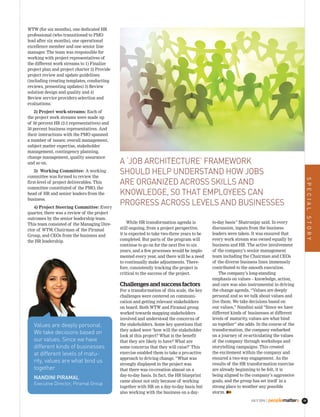 JUly 2016 | 79
WTW (for six months), one dedicated HR
professional (who transitioned to PMO
lead after six months), one operational
excellence member and one senior line
manager. The team was responsible for
working with project representatives of
the different work streams to 1) Finalize
project plan and project charter 2) Provide
project review and update guidelines
(including creating templates, conducting
reviews, presenting updates) 3) Review
solution design and quality and 4)
Review service providers selection and
evaluations.
2) Project work-streams: Each of
the project work streams were made up
of 50 percent HR (2-3 representatives) and
50 percent business representatives. And
their interactions with the PMO spanned
a number of issues: overall management,
subject matter expertise, stakeholder
management, contingency planning,
change management, quality assurance
and so on.
3) Working Committee: A working
committee was formed to review the
first-level of project deliverables. This
committee constituted of the PMO, the
head of HR and senior leaders from the
business.
4) Project Steering Committee: Every
quarter, there was a review of the project
outcomes by the senior leadership team.
This team consisted of the Managing Dire-
ctor of WTW, Chairman of the Piramal
Group, and CEOs from the business and
the HR leadership.
While HR transformation agenda is
still ongoing, from a project perspective,
it is expected to take two-three years to be
completed. But parts of the program will
continue to go on for the next five to six
years, and a few processes would be imple-
mented every year, and there will be a need
to continually make adjustments. There-
fore, consistently tracking the project is
critical to the success of the project.
Challenges and success factors
For a transformation of this scale, the key
challenges were centered on communi-
cation and getting relevant stakeholders
on board. Both WTW and Piramal group
worked towards mapping stakeholders
involved and understood the concerns of
the stakeholders. Some key questions that
they asked were ‘how will the stakeholder
look at this project? What is the benefit
that they are likely to have? What are
some concerns that they will raise?’ This
exercise enabled them to take a pro-active
approach to driving change. “What was
strongly displayed in the project was
that there was co-creation almost on a
day-to-day basis. In fact, the HR blueprint
came about not only because of working
together with HR on a day-to-day basis but
also working with the business on a day-
a ‘Job arChiteCtUre’ framework
shoULd heLP UNderstaNd how Jobs
are orgaNiZed aCross skiLLs aNd
kNowLedge, so that emPLoYees CaN
Progress aCross LeveLs aNd bUsiNesses
Values are deeply personal.
We take decisions based on
our values. Since we have
different kinds of businesses
at different levels of matu-
rity, values are what bind us
together
NANDINI PIRAMAL
Executive Director, Piramal Group
to-day basis” Shatrunjay said. In every
discussion, inputs from the business
leaders were taken. It was ensured that
every work stream was owned equally by
business and HR. The active involvement
of the company’s senior management
team including the Chairman and CEOs
of the diverse business lines immensely
contributed to the smooth execution.
The company’s long-standing
emphasis on values – knowledge, action,
and care was also instrumental in driving
the change agenda. “Values are deeply
personal and so we talk about values and
live them. We take decisions based on
our values,” Nandini said “Since we have
different kinds of businesses at different
levels of maturity, values are what bind
us together” she adds. In the course of the
transformation, the company embarked
on a journey of re-articulating the values
of the company through workshops and
storytelling campaigns. This created
the excitement within the company and
ensured a two-way engagement. As the
results of the HR transformation exercise
are already beginning to be felt, it is
being aligned to the company’s aggressive
goals, and the group has set itself in a
strong place to weather any possible
storm.
sPeCiaLstorY
 