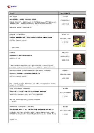 TÍTULO                                                                              REF./DATOS
NED ROREM                                                                              CKD342

NED ROREM - ON AN ECHOING ROAD
                                                                                    691062034227
PRINCE CONSORT / LEESE (sop.), JOHNSTON (mezzo), STAPLES (tenor),
IMBRAILO (bar.), MEAD (contratenor), HOGARTH (piano-director)                         1 CD NPV2

HOGARTH, Alisdair (piano-director)




POULENC, VILLA-LOBOS                                                                  REAM2111

FRENCH & BRAZILIAN PIANO MUSIC, Poulenc & Villa-Lobos
                                                                                    5020926211125
POWELL, Elisabeth (piano)
                                                                                      2 CD NI2



T.T. 1 Hr. 33 min.



CHOPIN                                                                                VAIA1271

ALBERTO REYES PLAYS CHOPIN
                                                                                    089948127123
ALBERTO REYES
                                                                                      2 CD LR42



A PRECIO ESPECIAL Y ADEMAS 2 CD A PRECIO DE 1 *** Laureado en los mas
prestigiosos concursos internacionales - Primera grabacion y lanzamiento a nivel


DEBUSSY, Claude       (Saint-Germain-en-Laye, Francia, 22 de ago                      DSPR043

DEBUSSY, Claude / PRELUDES LIBROS 1-2
                                                                                    5060104470463
ROUVIER, Jacques (piano)
                                                                                      1 CD LR28



Libro 1 grabado en Leiden, Netherlands - Julio 1983 / Libro 2 grabado en Haarlem,
Netherlands / T.78:20m


BACH, Carl Philippe Emmanuel                                                           NI5848

BACH C.P.E.: CELLO CONCERTOS, Raphael Wallfisch
                                                                                    0710357584824
WALLFISCH, Raphael (cello) , SCOTTISH ENSEMBLE
                                                                                      1 CD NI1

MORTON, Jonathan (cond.) / Scottish Ensemble
T.T. 67:48m



BEETHOVEN, Ludwig van (1799-1800)                                                      NI6112

BEETHOVEN, SEPTET in E Flat, Op.20 & SERENADE in D, Op.25
                                                                                    0710357611223
ENSEMBLE 360: Sara BITLLOCH (violin), Martin SAVING (viola), Marie
BITLLOCH (cello), Laurène DURANTEL (double bass), Guy ESHED (flute),                  1 CD NI1



TT 65.06 min.
 