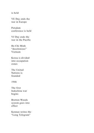 is held
VE Day ends the
war in Europe
Potsdam
conference is held
VJ Day ends the
war in the Pacific
Ho Chi Minh
“decolonizes”
Vietnam
Korea is divided
into occupation
zones
The United
Nations is
founded
1946
The first
Indochina war
begins
Bretton Woods
system goes into
effect
Kennan writes the
“Long Telegram”
 