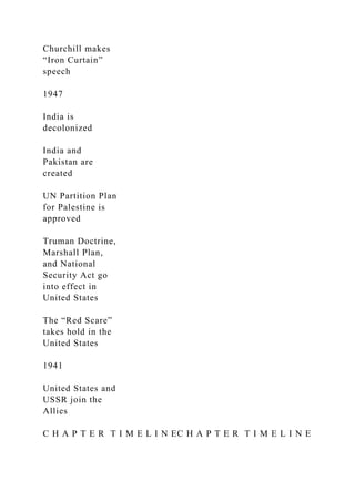 Churchill makes
“Iron Curtain”
speech
1947
India is
decolonized
India and
Pakistan are
created
UN Partition Plan
for Palestine is
approved
Truman Doctrine,
Marshall Plan,
and National
Security Act go
into effect in
United States
The “Red Scare”
takes hold in the
United States
1941
United States and
USSR join the
Allies
C H A P T E R T I M E L I N EC H A P T E R T I M E L I N E
 