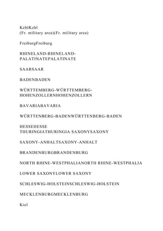 KehlKehl
(Fr. military area)(Fr. military area)
FreiburgFreiburg
RHINELAND-RHINELAND-
PALATINATEPALATINATE
SAARSAAR
BADENBADEN
WÜRTTEMBERG-WÜRTTEMBERG-
HOHENZOLLERNHOHENZOLLERN
BAVARIABAVARIA
WÜRTTENBERG-BADENWÜRTTENBERG-BADEN
HESSEHESSE
THURINGIATHURINGIA SAXONYSAXONY
SAXONY-ANHALTSAXONY-ANHALT
BRANDENBURGBRANDENBURG
NORTH RHINE-WESTPHALIANORTH RHINE-WESTPHALIA
LOWER SAXONYLOWER SAXONY
SCHLESWIG-HOLSTEINSCHLESWIG-HOLSTEIN
MECKLENBURGMECKLENBURG
Kiel
 
