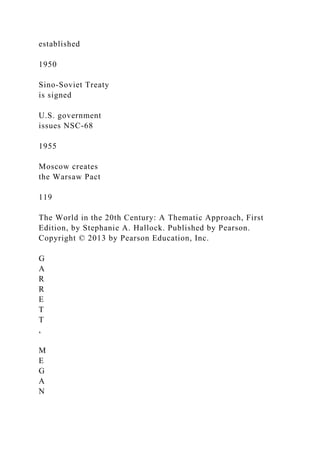 established
1950
Sino-Soviet Treaty
is signed
U.S. government
issues NSC-68
1955
Moscow creates
the Warsaw Pact
119
The World in the 20th Century: A Thematic Approach, First
Edition, by Stephanie A. Hallock. Published by Pearson.
Copyright © 2013 by Pearson Education, Inc.
G
A
R
R
E
T
T
,
M
E
G
A
N
 