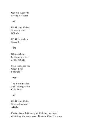 Geneva Accords
divide Vietnam
1957
USSR and United
States invent
ICBMs
USSR launches
Sputnik
1958
Khrushchev
becomes premier
of the USSR
Mao launches the
Great Leap
Forward
1960
The Sino-Soviet
Split changes the
Cold War
1961
USSR and United
States develop
ABMs
Photos from left to right: Political cartoon
depicting the arms race; Korean War; Diagram
 