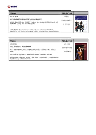 TÍTULO                                                                                REF./DATOS
BEETHOVEN                                                                                NI6107

BEETHOVEN STRING QUARTETS, WIHAN QUARTET
                                                                                      0710357610721
WIHAN QUARTET: Leo CEPICKÝ (violin), Jan SCHULMEISTER (violin), Jirí
ZIGMUND (viola), Ales KASPRÍK (cello)                                                   2 DVD NI2



2 DVD, BONUS: Documental sobre el Wihan Quaret realizado por Alice Nellis,
Grabacion en vivo, Convent of St. Agnes, Prague - Ver de la misma coleccion NI6105,




TÍTULO                                                                                REF./DATOS
SCHEDRIN                                                                                 VAI4496

ANNA KARENINA: PLISETSKAYA
                                                                                      089948449690
Maya PLISETSKAYA, Mikhail PETUKHOV, Victor BARYKIN / The Bolshoi
Ballet                                                                                 1 DVD VAI21

YURI SIMONOV (cond) / The Bolshoi Theatre Orchestra and Cho

Bolshoi Theater, Live 1980, 90 min, Color, mono, 4:3, All regions - Choreography by
Maya Plisetskaya & Natalia Rizhenko
 