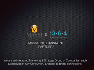 MASSI ENTERTAINMENT
PARTNERS
1
We are an Integrated Marketing & Strategy Group of Companies, each
Specialized in Key Consumer / Shopper to Brand connections.
&
 
