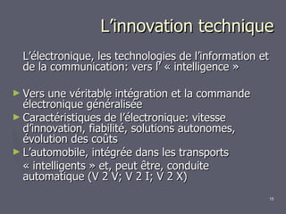 L’innovation technique L’électronique, les technologies de l’information et de la communication: vers l’ « intelligence » Vers une véritable intégration et la commande électronique généralisée Caractéristiques de l’électronique: vitesse d’innovation, fiabilité, solutions autonomes, évolution des coûts L’automobile, intégrée dans les transports « intelligents » et, peut être, conduite automatique (V 2 V; V 2 I; V 2 X) 