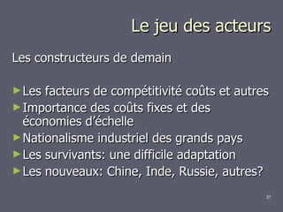 Le jeu des acteurs Les constructeurs de demain Les facteurs de compétitivité coûts et autres Importance des coûts fixes et des économies d’échelle Nationalisme industriel des grands pays Les survivants: une difficile adaptation Les nouveaux: Chine, Inde, Russie, autres? 