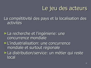 Le jeu des acteurs La compétitivité des pays et la localisation des activités La recherche et l’ingénierie: une concurrence mondiale L’industrialisation: une concurrence mondiale et surtout régionale La distribution/service: un métier qui reste local 