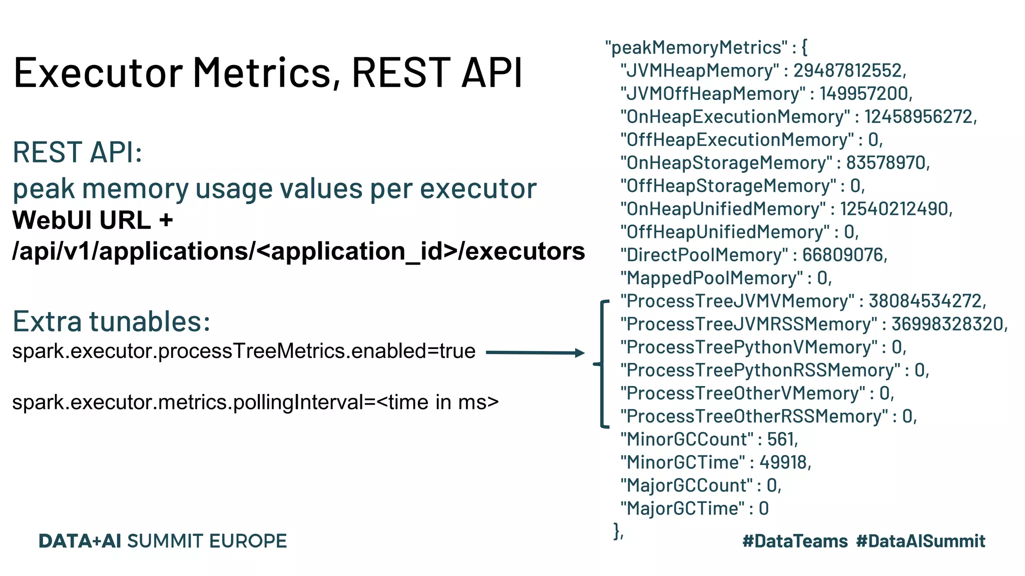 "peakMemoryMetrics" : { "JVMHeapMemory" : 29487812552, "JVMOffHeapMemory" : 149957200, "OnHeapExecutionMemory" : 12458956272, "OffHeapExecutionMemory" : 0, "OnHeapStorageMemory" : 83578970, "OffHeapStorageMemory" : 0, "OnHeapUnifiedMemory" : 12540212490, "OffHeapUnifiedMemory" : 0, "DirectPoolMemory" : 66809076, "MappedPoolMemory" : 0, "ProcessTreeJVMVMemory" : 38084534272, "ProcessTreeJVMRSSMemory" : 36998328320, "ProcessTreePythonVMemory" : 0, "ProcessTreePythonRSSMemory" : 0, "ProcessTreeOtherVMemory" : 0, "ProcessTreeOtherRSSMemory" : 0, "MinorGCCount" : 561, "MinorGCTime" : 49918, "MajorGCCount" : 0, "MajorGCTime" : 0 }, REST API: peak memory usage values per executor WebUI URL + /api/v1/applications/<application_id>/executors Extra tunables: spark.executor.processTreeMetrics.enabled=true spark.executor.metrics.pollingInterval=<time in ms> Executor Metrics, REST API 