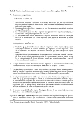 TOC - 70
Tabla 2. Criterios diagnósticos para el trastorno obsesivo-compulsivo según el DSM-IV.
A. Obsesiones o compulsiones.
Las obsesiones se definen por:
1) Pensamientos, impulsos o imágenes recurrentes y persistentes que son experimentados,
en algún momento durante la perturbación, como intrusos e inapropiados y causan ansie-
dad o malestar acusados.
2) Los pensamientos, impulsos o imágenes no son simplemente preocupaciones excesivas
sobre problemas reales.
3) La persona intenta pasar por alto o suprimir tales pensamientos, impulsos o imágenes, o
neutralizarlos con algún otro pensamiento o acción.
4) La persona reconoce que los pensamientos, impulsos o imágenes obsesivos son un pro-
ducto de su propia mente (no vienen impuestos como ocurre en la inserción de pensa-
miento).
Las compulsiones se definen por:
1) Conductas (p.ej., lavarse las manos, ordenar, comprobar) o actos mentales (p.ej., rezar,
contar, repetir palabras en silencio) repetitivos que la persona se siente impulsada a reali-
zar en respuesta a una obsesión o de acuerdo con reglas que deben ser aplicadas rígida-
mente.
2) Las conductas o actos mentales están dirigidos a prevenir o reducir el malestar o a preve-
nir algún acontecimiento o situación temida; sin embargo, estas conductas o actos menta-
les no están conectados de forma realista con aquello que pretenden neutralizar o prevenir
o bien son claramente excesivos.
B. En algún momento durante el curso del trastorno la persona ha reconocido que las obsesiones
o compulsiones son excesivas o irrazonables. Nota: Esto no se aplica a los niños.
C. Las obsesiones o compulsiones causan fuerte malestar, consumen tiempo (más de una hora
diaria) o interfieren significativamente con la rutina normal de la persona, con su funciona-
miento laboral (o académico) o con sus actividades o relaciones sociales acostumbradas.
D. Si está presente otro trastorno del Eje I, el contenido de las obsesiones o compulsiones no se
limita a él (p.ej., preocupación por la comida en un trastorno alimentario; arrancarse el pelo
en la tricotilomanía; inquietud por la apariencia en el trastorno dismórfico corporal; preocu-
pación por las drogas en el trastorno de consumo de sustancias; preocupación por tener una
enfermedad grave en la hipocondría; preocupación por deseos o fantasías sexuales en una pa-
rafilia; o rumiaciones de culpa en el trastorno depresivo mayor).
E. El trastorno no es debido a los efectos fisiológicos directos de una sustancia (p.ej., drogas,
fármacos) o a una condición médica general.
Especificar si hay poca conciencia (poor insight): durante la mayor parte del tiempo del episodio
actual la persona no reconoce que las obsesiones y compulsiones son excesivas o irrazona-
bles.
Nota. Tomado de American Psychiatric Association (1994). (*) Uso limitado.
 