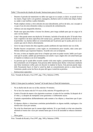 TOC - 77
Tabla 7. Prevención de rituales de lavado: Instrucciones para el cliente.
- Durante el periodo de tratamiento no debe usar agua en su cuerpo; es decir, no puede lavarse
las manos, fregar (salvo con guantes), enjuagarse, ducharse (salvo lo dicho más abajo), bañar-
se, nadar o usar toallitas o paños húmedos.
- Puede emplear cremas y otros artículos de aseo (desodorante, polvos de talco, etc.) excepto si
ve que el uso de estos elementos reduce su sensación de contaminación.
- Aféitese con una maquinilla eléctrica.
- Puede usar agua para beber o lavarse los dientes, pero tenga cuidado para que no caiga en la
cara o en las manos.
- Cada 3 días puede tomar una ducha de 10 minutos, incluido el lavado de pelo. El lavado ritua-
lista o repetitivo de áreas específicas del cuerpo (p.ej., genitales, pelo) durante la ducha no es-
tá permitido. Las duchas deben ser cronometradas por la persona que le ayuda, pero no es ne-
cesario que esta le observe directamente.
- Lleve la ropa al menos dos días seguidos; puede cambiarse de ropa interior una vez al día.
- Pueden hacerse excepciones a estas reglas en circunstancias poco usuales, tales como pro-
blemas médicos que requieran limpieza. Acuerde esto con su terapeuta.
- En casa, si tiene un impulso para lavar o limpiar que teme no poder resistir, hable con la per-
sona que le ayuda y pídale que permanezca con usted o vaya a algún sitio con usted hasta que
el impulso se reduzca a un nivel manejable.
- La persona que le ayuda debe avisarle cuando viola estas reglas y posteriormente ambos de-
ben comentarlo con el terapeuta. Esta persona debe intentar parar dichas violaciones mediante
una firme insistencia verbal, pero sin discutir ni emplear la fuerza. Esta persona puede impe-
dirle físicamente hacer el ritual si usted ha dado su consentimiento previo a cómo hacerlo.
Asimismo, puede cerrar las llaves de paso del agua si usted da su permiso.
- Instrucciones especiales:
Nota. Tomado de Kozak y Foa (1997, pág. 178) y Steketee (1999).
Tabla 8. Guías para la conducta “normal” de lavado hacia el final del tratamiento.
- No se duche más de una vez al día; máximo 10 minutos.
- No se lave las manos más de 5-6 veces al día; máximo 30 segundos por vez.
- Limite el lavado de manos a las siguientes ocasiones: a) antes de las comidas, b) después de ir
al váter, y c) después de manipular cosas grasientas o visiblemente sucias.
- Continúe exponiéndose deliberadamente cada semana a los objetos y situaciones que le per-
turbaban.
- Si algunos objetos o situaciones continúan perturbándole en alguna medida, expóngase a los
mismos dos veces por semana.
- No evite las situaciones que le causan algún malestar. Si ve que tiende a evitar una situación,
afróntela al menos dos veces por semana hasta que el nivel de ansiedad se reduzca claramen-
te.
- Otras guías:
Nota. Tomado de Kozak y Foa (1997, pág. 180) y Steketee (1999).
 