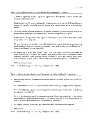 TOC - 78
Tabla 9. Prevención de rituales de comprobación: Instrucciones para el cliente.
- A partir de la primera sesión de exposición y prevención de respuesta, no puede llevar a cabo
ninguna conducta ritualista.
- Puede comprobar sólo una vez en aquellas situaciones en que la mayoría de la gente haría lo
mismo; por ejemplo, comprobar una sola vez que se ha cerrado la puerta o se ha apagado una
estufa.
- No puede hacerse ninguna comprobación para los elementos que generalmente no se com-
prueban (p.ej., sobres vacíos que van a tirarse, adelantar a un peatón en el coche).
- Pueden hacerse excepciones a estas reglas en circunstancias poco usuales, pero debe acordar
esto primero con su terapeuta.
- En casa, si tiene un impulso para comprobar que teme no poder resistir, hable con la persona
que le ayuda y pídale que permanezca con usted o vaya a algún sitio con usted hasta que el
impulso se reduzca a un nivel manejable.
- La persona que le ayuda debe avisarle cuando viola estas reglas y posteriormente ambos de-
ben comentarlo con el terapeuta. Esta persona debe intentar parar dichas violaciones mediante
una firme insistencia verbal, pero sin discutir ni emplear la fuerza. Esta persona puede impe-
dirle físicamente hacer el ritual si usted ha dado su consentimiento previo a cómo hacerlo.
- Instrucciones especiales:
Nota. Tomado de Kozak y Foa (1997, pág. 179) y Steketee (1999).
Tabla 10. Guías para la conducta “normal” de comprobación hacia el final del tratamiento.
- Continúe exponiéndose deliberadamente cada semana a los objetos y situaciones que le per-
turbaban.
- No compruebe más de una vez aquellos objetos o situaciones que le impulsaban a comprobar.
- No compruebe ni tan siquiera una vez en aquellas situaciones que su terapeuta le ha dicho que
no requieren comprobación.
- No evite las situaciones que le impulsan a comprobar. Si nota una tendencia a evitar, afronte
estas situaciones deliberadamente dos veces a la semana hasta que el nivel de ansiedad se re-
duzca claramente y ejerza su control refrenándose de comprobar.
- No les pida a amigos o familiares que comprueben para evitar tener que comprobar.
- Otras guías:
Nota. Tomado de Kozak y Foa (1997, pág. 181) y Steketee (1999).
 