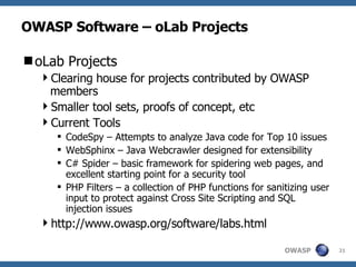 OWASP Software – oLab Projects oLab Projects Clearing house for projects contributed by OWASP members Smaller tool sets, proofs of concept, etc Current Tools CodeSpy – Attempts to analyze Java code for Top 10 issues WebSphinx – Java Webcrawler designed for extensibility C# Spider – basic framework for spidering web pages, and excellent starting point for a security tool PHP Filters – a collection of PHP functions for sanitizing user input to protect against Cross Site Scripting and SQL injection issues http://www.owasp.org/software/labs.html 