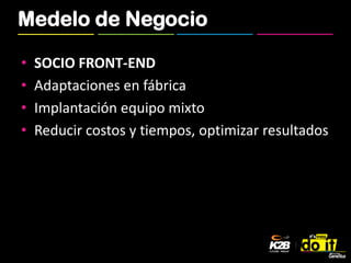 Medelo de Negocio

•   SOCIO FRONT-END
•   Adaptaciones en fábrica
•   Implantación equipo mixto
•   Reducir costos y tiempos, optimizar resultados
 