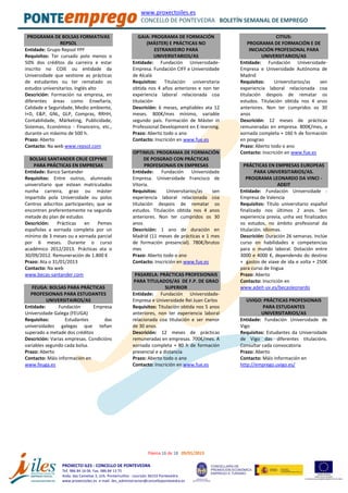 www.proxectoiles.es
CONCELLO DE PONTEVEDRA BOLETÍN SEMANAL DE EMPREGO
Páxina 16 de 18 09/01/2013
PROXECTO ILES - CONCELLO DE PONTEVEDRA
Tef. 986 84 16 06 Fax. 986 84 13 75
Avda. das Camelias 3, Urb. Pontemuiños - Lourizán 36153 Pontevedra
www.proxectoiles.es e-mail: iles_administracion@concellopontevedra.es
PROGRAMA DE BOLSAS FORMATIVAS
REPSOL
Entidade: Grupo Repsol YPF
Requisitos: Ter cursado polo menos o
50% dos créditos da carreira e estar
inscrito no COIE ou entidade da
Universidade que xestione as prácticas
de estudantes ou ter rematado os
estudos universitarios. Inglés alto
Descrición: Formación na empresa, en
diferentes áreas como Enxeñaría,
Calidade e Seguridade, Medio ambiente,
I+D, E&P, GNL, GLP, Compras, RRHH,
Contabilidade, Márketing, Publicidade,
Sistemas, Económico - Financeiro, etc.,
durante un máximo de 500 h.
Prazo: Aberto
Contacto: Na web www.repsol.com
BOLSAS SANTANDER CRUE CEPYME
PARA PRÁCTICAS EN EMPRESAS
Entidade: Banco Santander
Requisitos: Entre outros, alumnado
universitario que estean matriculados
nunha carreira, grao ou máster
impartida pola Universidade ou polos
Centros adscritos participantes; que se
encontren preferentemente na segunda
metade do plan de estudos
Descrición: Prácticas en Pemes
españolas a xornada completa por un
mínimo de 3 meses ou a xornada parcial
por 6 meses. Durante o curso
académico 2012/2013. Prácticas ata o
30/09/2012. Remuneración de 1.800 €
Prazo: Ata o 31/01/2013
Contacto: Na web
www.becas-santander.com
FEUGA: BOLSAS PARA PRÁCTICAS
PROFESIONAIS PARA ESTUDANTES
UNIVERSITAIROS/AS
Entidade: Fundación Empresa
Universidade Galega (FEUGA)
Requisitos: Estudantes das
universidades galegas que teñan
superado a metade dos créditos
Descrición: Varias empresas. Condicións
variables segundo cada bolsa.
Prazo: Aberto
Contacto: Máis información en
www.feuga.es
GAIA: PROGRAMA DE FORMACIÓN
(MÁSTER) E PRÁCTICAS NO
ESTRANXEIRO PARA
UNIVERSITARIOS/AS
Entidade: Fundación Universidade-
Empresa. Fundación CIFF e Universidade
de Alcalá
Requisitos: Titulación universitaria
obtida nos 4 años anteriores e non ter
experiencia laboral relacionada coa
titulación
Descrición: 6 meses, ampliables ata 12
meses. 800€/mes mínimo, variable
segundo país. Formación de Máster in
Professional Development en E-learning.
Prazo: Aberto todo o ano
Contacto: Inscrición en www.fue.es
OPTIMUS: PROGRAMA DE FORMACIÓN
DE POSGRAO CON PRÁCTICAS
PROFESIONAIS EN EMPRESAS
Entidade: Fundación Universidade
Empresa. Universidade Francisco de
Vitoria.
Requisitos: Universitarios/as sen
experiencia laboral relacionada coa
titulación despois de rematar os
estudos. Titulación obtida nos 4 anos
anteriores. Non ter cumpridos os 30
anos
Descrición: 1 ano de duración en
Madrid (11 meses de prácticas e 1 mes
de formación presencial). 780€/brutos
mes
Prazo: Aberto todo o ano
Contacto: Inscrición en www.fue.es
PASARELA: PRÁCTICAS PROFESIONAIS
PARA TITULADOS/AS DE F.P. DE GRAO
SUPERIOR
Entidade: Fundación Universidade-
Empresa e Universidade Rei Juan Carlos
Requisitos: Titulación obtida nos 5 anos
anteriores, non ter experiencia laboral
relacionada coa titulación e ser menor
de 30 anos.
Descrición: 12 meses de prácticas
remuneradas en empresas. 700€/mes. A
xornada completa + 80 h de formación
presencial e a distancia
Prazo: Aberto todo o ano
Contacto: Inscrición en www.fue.es
CITIUS:
PROGRAMA DE FORMACIÓN E DE
INICIACIÓN PROFESIONAL PARA
UNIVERSITARIOS/AS
Entidade: Fundación Universidade-
Empresa e Universidade Autónoma de
Madrid
Requisitos: Universitarios/as sen
experiencia laboral relacionada coa
titulación despois de rematar os
estudos. Titulación obtida nos 4 anos
anteriores. Non ter cumpridos os 30
anos
Descrición: 12 meses de prácticas
remuneradas en empresa. 800€/mes, a
xornada completa + 160 h de formación
en posgrao
Prazo: Aberto todo o ano
Contacto: Inscrición en www.fue.es
PRÁCTICAS EN EMPRESAS EUROPEAS
PARA UNIVERSITARIOS/AS.
PROGRAMA LEONARDO DA VINCI -
ADEIT
Entidade: Fundación Universidade -
Empresa de Valencia
Requisitos: Título universitario español
finalizado nos últimos 2 anos. Sen
experiencia previa, unha vez finalizados
os estudos, no ámbito profesional da
titulación. Idiomas.
Descrición: Duración 26 semanas. Inclúe
curso en habilidades e competencias
para o mundo laboral. Dotación entre
3000 e 4000 €, dependendo do destino
+ gastos de viaxe de ida e volta + 250€
para curso de lingua
Prazo: Aberto
Contacto: Inscrición en
www.adeit-uv.es/becasleonardo
UVIGO: PRÁCTICAS PROFESIONAIS
PARA ESTUDANTES
UNIVERSITARIOS/AS
Entidade: Fundación Universidade de
Vigo
Requisitos: Estudantes da Universidade
de Vigo das diferentes titulacións.
Consultar cada convocatoria
Prazo: Aberto
Contacto: Máis información en
http://emprego.uvigo.es/
 