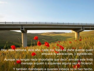 Hoy, esta semana, este año, cada día, trata de darte cuenta quién empaca tu paracaídas, y agradécelo. Aunque no tengas nada importante que decir, envíale este lindo mensaje a quien o a quienes alguna vez lo hicieron. Y también mándaselo a quienes todavía no lo han hecho. 