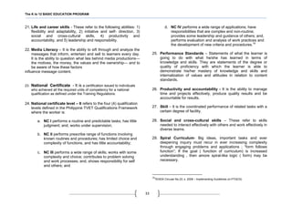 The K to 12 BASIC EDUCATION PROGRAM
33
21. Life and career skills - These refer to the following abilities: 1)
flexibility and adaptability, 2) initiative and self- direction, 3)
social and cross-cultural skills, 4) productivity and
accountability, and 5) leadership and responsibility.
22. Media Literacy – It is the ability to sift through and analyze the
messages that inform, entertain and sell to learners every day.
It is the ability to question what lies behind media productions—
the motives, the money, the values and the ownership— and to
be aware of how these factors
influence message content.
23. National Certificate - It is a certification issued to individuals
who achieved all the required units of competency for a national
qualification as defined under the Training Regulations.
24. National certificate level – It refers to the four (4) qualification
levels defined in the Philippine TVET Qualifications Framework
where the worker is:
a. NC I performs a routine and predictable tasks; has little
judgment; and, works under supervision;
b. NC II performs prescribe range of functions involving
known routines and procedures; has limited choice and
complexity of functions, and has little accountability;
c. NC III performs a wide range of skills; works with some
complexity and choice; contributes to problem solving
and work processes; and, shows responsibility for self
and others; and
d. NC IV performs a wide range of applications; have
responsibilities that are complex and non-routine;
provides some leadership and guidance of others; and,
performs evaluation and analysis of work practices and
the development of new criteria and procedures.19
25. Performance Standards – Statements of what the learner is
going to do with what he/she has learned in terms of
knowledge and skills. They are statements of the degree or
quality of proficiency with which the learner is able to
demonstrate his/her mastery of knowledge and skills and
internalization of values and attitudes in relation to content
standards.
26. Productivity and accountability - It is the ability to manage
time and projects effectively, produce quality results and be
accountable for results.
27. Skill – It is the coordinated performance of related tasks with a
certain degree of facility.
28. Social and cross-cultural skills – These refer to skills
needed to interact effectively with others and work effectively in
diverse teams.
29. Spiral Curriculum- Big ideas, important tasks and ever
deepening inquiry must recur in ever increasing complexity
through engaging problems and applications ; ―form follows
function‖; If the goal ( function of curriculum) is increased
understanding , then amore spiral-like logic ( form) may be
necessary.
19
TESDA Circular No.23, s. 2008 – Implementing Guidelines on PTQCS)
 
