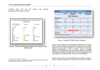 The K to 12 BASIC EDUCATION PROGRAM
2
countries, even with only the science high schools
participating.2
(See Figures 2 and 3)
Figure 2. Trends in International Mathematics and Science Study
(TIMMS) 2003
2
I.V.S. Mullis, M.O. Martin, D.F. Robitaille, & P. Foy, (2009). Chestnut Hill, MA. Trends in
International Mathematics and Science Advanced 2008.
Figure 3. Average of TIMSS Scores, Philippines
Another major challenge of the Department of Education is retaining
those in school, particularly those at risk of falling out of the system.
Those who are at risk of dropping out are those who encounter
difficult circumstances in life – poverty, cases of teenage
pregnancies, student laborers, children whose parents were poorly
schooled, slum dwellers, families who live in areas with peace and
order problems and learners with various forms of disabilities .
Figure 4 shows that of the 100 students who enrolled in Grade 1,
only 65 students reached First Year high school and 46 of which
 