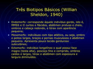 Três Biotipos Básicos (Willian
Sheldon, 1940)
• Endomorfo: corresponde àquele indivíduo gordo, isto é,
MMSS e II curtos e flácidos, abdômen protuso e cheio,
ombros e cabeça redondo, e tórax com aparência
pequena;
• Mesomorfo: indivíduos com tipo atlético, ou seja, ombro
e peitos largos, braços e pernas musculosos e abdômen
pequeno. Apresenta pouco tecido gorduroso
subcutâneo;
• Ectomorfo: indivíduo longelíneo o qual possui face
magra (testa alta), pescoço fino e comprido, ombros
caídos e largos, tórax e abdômen com espessura e
largura diminuídos.
 