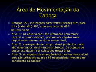 Área de Movimentação da
Cabeça
• Rotação 55º, inclinações para frente (flexão) 40º, para
trás (extensão) 50º, e para as laterais 40º.
Há três níveis:
• Nível 1: as observações são efetuadas com maior
rapidez e menor esforço, portanto os objetos mais
importantes devem se situar nesse nível;
• Nível 2: corresponde ao campo visual periférico, onde
são observados movimentos grotescos. Os objetos de
pouco uso devem ser colocados nessa área.
• Nível 3: os objetos de emergência situam-se nesse nível
pois são utilizados quando há necessidade (movimento
consciente da cabeça)
 