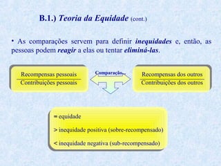 B.1.) Teoria da Equidade (cont.)
• As comparações servem para definir inequidades e, então, as
pessoas podem reagir a elas ou tentar eliminá-las.
Recompensas pessoais
Contribuições pessoais

Comparação...

Recompensas dos outros
Contribuições dos outros

= equidade
> inequidade positiva (sobre-recompensado)
< inequidade negativa (sub-recompensado)

 