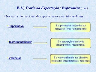 B.2.) Teoria da Expectação / Expectativa (cont.)
• Na teoria motivacional da expectativa existem três variáveis:
•Expectativa

•Instrumentalidade

•Valências

É a percepção subjectiva da
relação esforço / desempenho

É a percepção da relação
desempenho / recompensa

É o valor atribuído aos diversos
resultados (recompensas / punições)

 