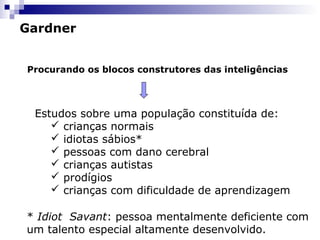Gardner
Procurando os blocos construtores das inteligências

Estudos sobre uma população constituída de:
 crianças normais
 idiotas sábios*
 pessoas com dano cerebral
 crianças autistas
 prodígios
 crianças com dificuldade de aprendizagem
* Idiot Savant: pessoa mentalmente deficiente com
um talento especial altamente desenvolvido.

 