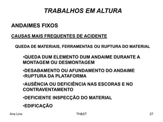 Ana Lino TH&ST 27
ANDAIMES FIXOS
CAUSAS MAIS FREQUENTES DE ACIDENTE
TRABALHOS EM ALTURA
QUEDA DE MATERIAIS, FERRAMENTAS OU RUPTURA DO MATERIAL
•QUEDA DUM ELEMENTO DUM ANDAIME DURANTE A
MONTAGEM OU DESMONTAGEM
•DESABAMENTO OU AFUNDAMENTO DO ANDAIME
•RUPTURA DA PLATAFORMA
•AUSÊNCIA OU DEFICIÊNCIA NAS ESCORAS E NO
CONTRAVENTAMENTO
•DEFICIENTE INSPECÇÃO DO MATERIAL
•EDIFICAÇÃO
 