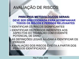 Rita Freitas 2006 10
AVALIAÇÃO DE RISCOS
PRINCÍPIOS METODOLÓGICOS GERAIS:PRINCÍPIOS METODOLÓGICOS GERAIS:
DEVE SER DIRECCIONADA PARA ACOMPANHAR
TODOS OS RISCOS E PERIGOS RELEVANTES
• IDENTIFICAR OS RISCOS SIGNIFICANTES
• IDENTIFICAR OS PERIGOS INERENTES AOS
ASPECTOS DO TRABALHO COM EVIDENTE
POTENCIAL DE DANO
• AS DEFINIÇÕES LEGAIS AJUDAM A IDENTIFICAR OS
PERIGOS
• A AVALIAÇÃO DOS RISCOS É FEITA A PARTIR DOS
PERIGOS IDENTIFICADOS
 