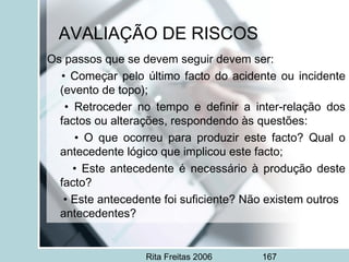 Rita Freitas 2006 167
AVALIAÇÃO DE RISCOS
Os passos que se devem seguir devem ser:
• Começar pelo último facto do acidente ou incidente
(evento de topo);
• Retroceder no tempo e definir a inter-relação dos
factos ou alterações, respondendo às questões:
• O que ocorreu para produzir este facto? Qual o
antecedente lógico que implicou este facto;
• Este antecedente é necessário à produção deste
facto?
• Este antecedente foi suficiente? Não existem outros
antecedentes?
 