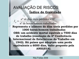 Rita Freitas 2006 185
Índice de Gravidade
 
 
Representa o número de dias úteis perdidos por
1000 horas-homem trabalhadas
OBS: um acidente mortal equivale a 7500 dias
de trabalho (resolução da 6ª Conferência
Internacional de Estatísticas do Trabalho em
1942). Há países que adoptam uma perda
equivalente a 6000 dias, valor proposto pela
ANSI(EUA).
astrabalhadmhoras/homedenº
10perdidosúteisdiasº 3
×
=
den
Ig
AVALIAÇÃO DE RISCOS
 
