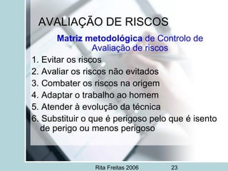 Rita Freitas 2006 23
AVALIAÇÃO DE RISCOS
Matriz metodológica de Controlo de
Avaliação de riscos
1. Evitar os riscos
2. Avaliar os riscos não evitados
3. Combater os riscos na origem
4. Adaptar o trabalho ao homem
5. Atender à evolução da técnica
6. Substituir o que é perigoso pelo que é isento
de perigo ou menos perigoso
 