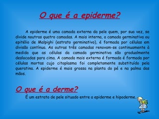 O que é a epiderme?
A epiderme é uma camada externa da pele quem, por sua vez, se
divide noutras quatro camadas. A mais interna, a camada germinativa ou
epitélio de Malpighi (estrato germinativo), é formada por células em
divisão contínua. As outras três camadas renovam-se continuamente à
medida que as células da camada germinativa são gradualmente
deslocadas para cima. A camada mais externa é formada é formada por
células mortas cujo citoplasma foi completamente substituído pela
queratina. A epiderme é mais grossa na planta do pé e na palma das
mãos.
O que é a derme?
É um estrato de pele situado entre a epiderme e hipoderme.
 