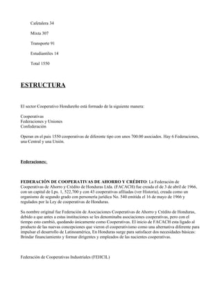 Cafetalera 34

     Mixta 307

     Transporte 91

     Estudiantiles 14

     Total 1550




ESTRUCTURA


El sector Cooperativo Hondureño está formado de la siguiente manera:

Cooperativas
Federaciones y Uniones
Confederación

Operan en el país 1550 cooperativas de diferente tipo con unos 700.00 asociados. Hay 6 Federaciones,
una Central y una Unión.



Federaciones:



FEDERACIÓN DE COOPERATIVAS DE AHORRO Y CRÉDITO: La Federación de
Cooperativas de Ahorro y Crédito de Honduras Ltda. (FACACH) fue creada el de 3 de abril de 1966,
con un capital de Lps. 1, 522,700 y con 43 cooperativas afiliadas (ver Historia), creada como un
organismo de segundo grado con personería jurídica No. 540 emitida el 16 de mayo de 1966 y
regulados por la Ley de cooperativas de Honduras.

Su nombre original fue Federación de Asociaciones Cooperativas de Ahorro y Crédito de Honduras,
debido a que antes a estas instituciones se les denominaba asociaciones cooperativas, pero con el
tiempo esto cambió, quedando únicamente como Cooperativas. El inicio de FACACH esta ligado al
producto de las nuevas concepciones que vieron el cooperativismo como una alternativa diferente para
impulsar el desarrollo de Latinoamérica, En Honduras surge para satisfacer dos necesidades básicas:
Brindar financiamiento y formar dirigentes y empleados de las nacientes cooperativas.



Federación de Cooperativas Industriales (FEHCIL)
 