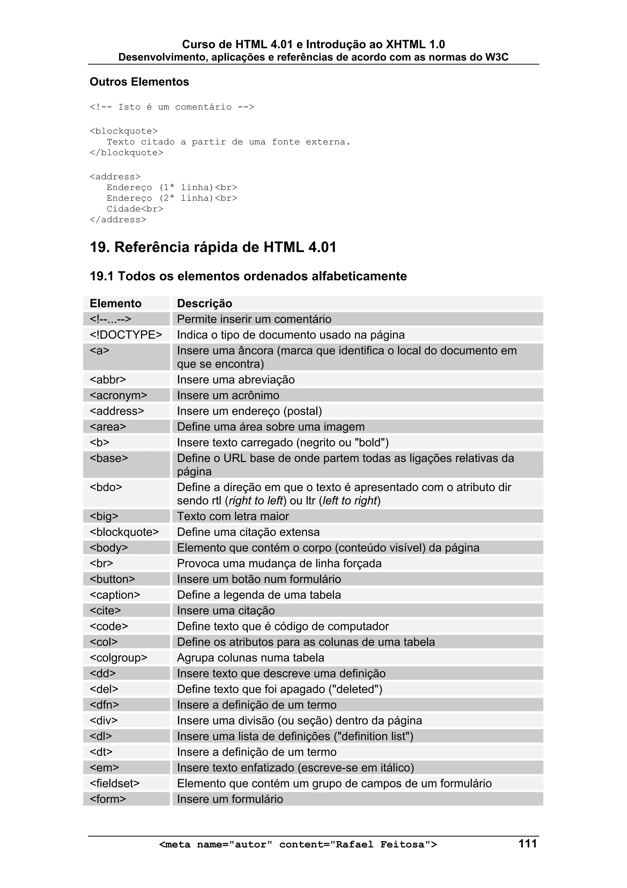 Curso de HTML 4.01 e Introdução ao XHTML 1.0
     Desenvolvimento, aplicações e referências de acordo com as normas do W3C

Outros Elementos

<!-- Isto é um comentário -->

<blockquote>
   Texto citado a partir de uma fonte externa.
</blockquote>

<address>
   Endereço (1ª linha)<br>
   Endereço (2ª linha)<br>
   Cidade<br>
</address>


19. Referência rápida de HTML 4.01
19.1 Todos os elementos ordenados alfabeticamente

Elemento       Descrição
<!--...-->     Permite inserir um comentário
<!DOCTYPE>     Indica o tipo de documento usado na página
<a>            Insere uma âncora (marca que identifica o local do documento em
               que se encontra)
<abbr>         Insere uma abreviação
<acronym>      Insere um acrônimo
<address>      Insere um endereço (postal)
<area>         Define uma área sobre uma imagem
<b>            Insere texto carregado (negrito ou "bold")
<base>         Define o URL base de onde partem todas as ligações relativas da
               página
<bdo>          Define a direção em que o texto é apresentado com o atributo dir
               sendo rtl (right to left) ou ltr (left to right)
<big>          Texto com letra maior
<blockquote>   Define uma citação extensa
<body>         Elemento que contém o corpo (conteúdo visível) da página
<br>           Provoca uma mudança de linha forçada
<button>       Insere um botão num formulário
<caption>      Define a legenda de uma tabela
<cite>         Insere uma citação
<code>         Define texto que é código de computador
<col>          Define os atributos para as colunas de uma tabela
<colgroup>     Agrupa colunas numa tabela
<dd>           Insere texto que descreve uma definição
<del>          Define texto que foi apagado ("deleted")
<dfn>          Insere a definição de um termo
<div>          Insere uma divisão (ou seção) dentro da página
<dl>           Insere uma lista de definições ("definition list")
<dt>           Insere a definição de um termo
<em>           Insere texto enfatizado (escreve-se em itálico)
<fieldset>     Elemento que contém um grupo de campos de um formulário
<form>         Insere um formulário


            <meta name="autor" content="Rafael Feitosa">                          111
 