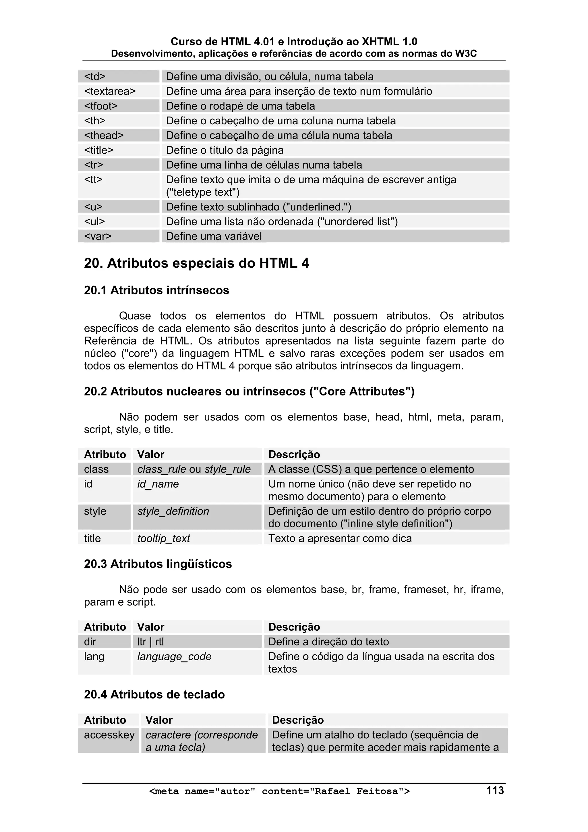 Curso de HTML 4.01 e Introdução ao XHTML 1.0
        Desenvolvimento, aplicações e referências de acordo com as normas do W3C

<td>               Define uma divisão, ou célula, numa tabela
<textarea>         Define uma área para inserção de texto num formulário
<tfoot>            Define o rodapé de uma tabela
<th>               Define o cabeçalho de uma coluna numa tabela
<thead>            Define o cabeçalho de uma célula numa tabela
<title>            Define o título da página
<tr>               Define uma linha de células numa tabela
<tt>               Define texto que imita o de uma máquina de escrever antiga
                   ("teletype text")
<u>                Define texto sublinhado ("underlined.")
<ul>               Define uma lista não ordenada ("unordered list")
<var>              Define uma variável

20. Atributos especiais do HTML 4
20.1 Atributos intrínsecos

       Quase todos os elementos do HTML possuem atributos. Os atributos
específicos de cada elemento são descritos junto à descrição do próprio elemento na
Referência de HTML. Os atributos apresentados na lista seguinte fazem parte do
núcleo ("core") da linguagem HTML e salvo raras exceções podem ser usados em
todos os elementos do HTML 4 porque são atributos intrínsecos da linguagem.

20.2 Atributos nucleares ou intrínsecos ("Core Attributes")

         Não podem ser usados com os elementos base, head, html, meta, param,
script, style, e title.

Atributo     Valor                      Descrição
class        class_rule ou style_rule   A classe (CSS) a que pertence o elemento
id           id_name                    Um nome único (não deve ser repetido no
                                        mesmo documento) para o elemento
style        style_definition           Definição de um estilo dentro do próprio corpo
                                        do documento ("inline style definition")
title        tooltip_text               Texto a apresentar como dica

20.3 Atributos lingüísticos

      Não pode ser usado com os elementos base, br, frame, frameset, hr, iframe,
param e script.

Atributo     Valor                      Descrição
dir          ltr | rtl                  Define a direção do texto
lang         language_code              Define o código da língua usada na escrita dos
                                        textos

20.4 Atributos de teclado

Atributo  Valor                         Descrição
accesskey caractere (corresponde        Define um atalho do teclado (sequência de
          a uma tecla)                  teclas) que permite aceder mais rapidamente a


               <meta name="autor" content="Rafael Feitosa">                         113
 