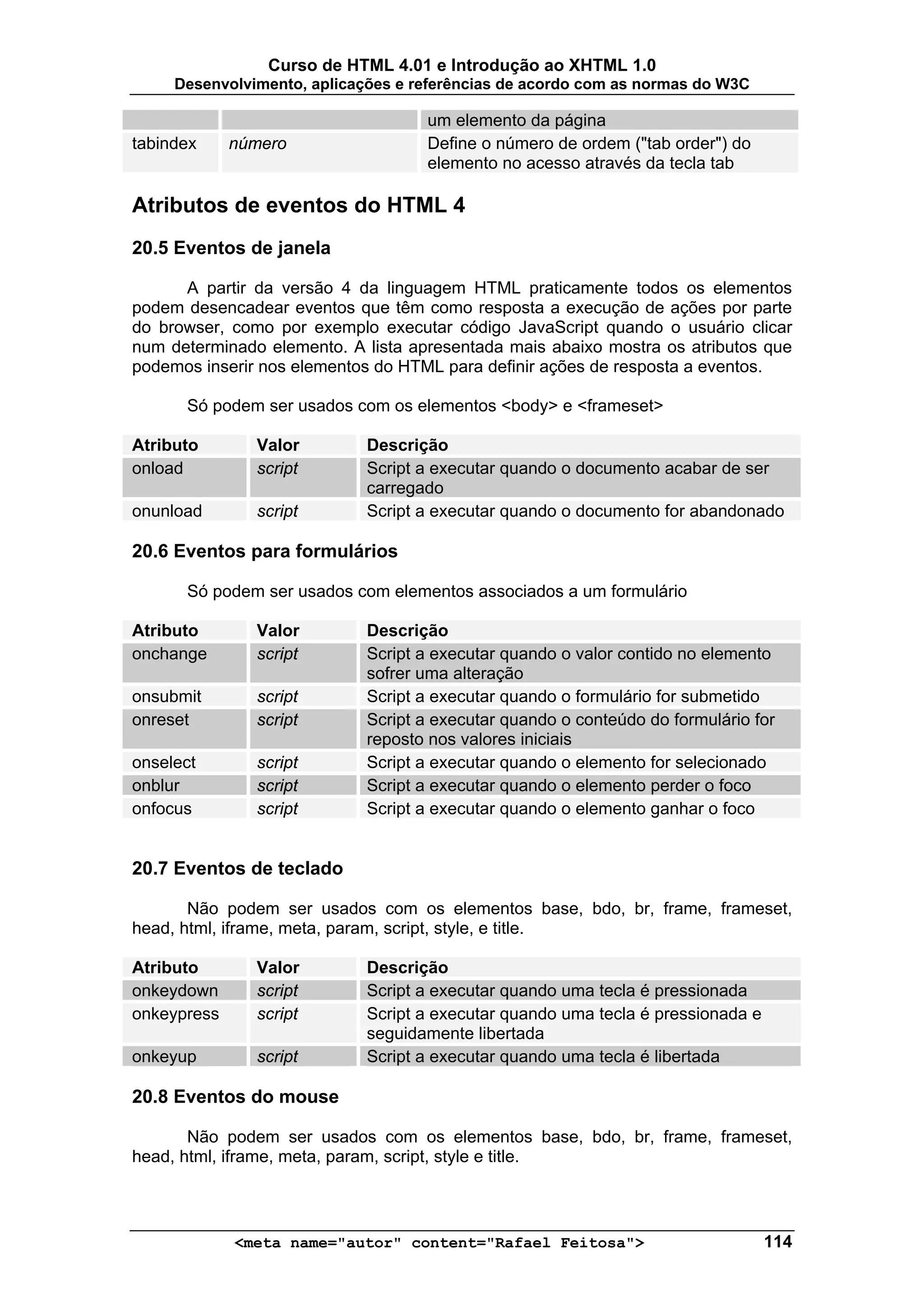 Curso de HTML 4.01 e Introdução ao XHTML 1.0
     Desenvolvimento, aplicações e referências de acordo com as normas do W3C

                                    um elemento da página
tabindex     número                 Define o número de ordem ("tab order") do
                                    elemento no acesso através da tecla tab

Atributos de eventos do HTML 4
20.5 Eventos de janela

      A partir da versão 4 da linguagem HTML praticamente todos os elementos
podem desencadear eventos que têm como resposta a execução de ações por parte
do browser, como por exemplo executar código JavaScript quando o usuário clicar
num determinado elemento. A lista apresentada mais abaixo mostra os atributos que
podemos inserir nos elementos do HTML para definir ações de resposta a eventos.

      Só podem ser usados com os elementos <body> e <frameset>

Atributo       Valor         Descrição
onload         script        Script a executar quando o documento acabar de ser
                             carregado
onunload       script        Script a executar quando o documento for abandonado

20.6 Eventos para formulários

      Só podem ser usados com elementos associados a um formulário

Atributo       Valor         Descrição
onchange       script        Script a executar quando o valor contido no elemento
                             sofrer uma alteração
onsubmit       script        Script a executar quando o formulário for submetido
onreset        script        Script a executar quando o conteúdo do formulário for
                             reposto nos valores iniciais
onselect       script        Script a executar quando o elemento for selecionado
onblur         script        Script a executar quando o elemento perder o foco
onfocus        script        Script a executar quando o elemento ganhar o foco


20.7 Eventos de teclado

       Não podem ser usados com os elementos base, bdo, br, frame, frameset,
head, html, iframe, meta, param, script, style, e title.

Atributo       Valor         Descrição
onkeydown      script        Script a executar quando uma tecla é pressionada
onkeypress     script        Script a executar quando uma tecla é pressionada e
                             seguidamente libertada
onkeyup        script        Script a executar quando uma tecla é libertada

20.8 Eventos do mouse

       Não podem ser usados com os elementos base, bdo, br, frame, frameset,
head, html, iframe, meta, param, script, style e title.




             <meta name="autor" content="Rafael Feitosa">                         114
 