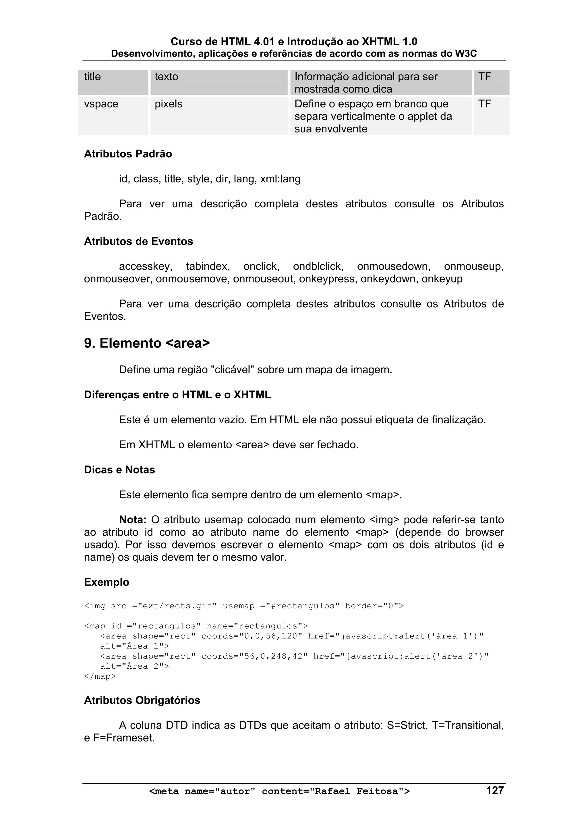 Curso de HTML 4.01 e Introdução ao XHTML 1.0
        Desenvolvimento, aplicações e referências de acordo com as normas do W3C

title            texto                             Informação adicional para ser      TF
                                                   mostrada como dica
vspace           pixels                            Define o espaço em branco que      TF
                                                   separa verticalmente o applet da
                                                   sua envolvente

Atributos Padrão

         id, class, title, style, dir, lang, xml:lang

      Para ver uma descrição completa destes atributos consulte os Atributos
Padrão.

Atributos de Eventos

     accesskey, tabindex, onclick, ondblclick, onmousedown, onmouseup,
onmouseover, onmousemove, onmouseout, onkeypress, onkeydown, onkeyup

      Para ver uma descrição completa destes atributos consulte os Atributos de
Eventos.

9. Elemento <area>
         Define uma região "clicável" sobre um mapa de imagem.

Diferenças entre o HTML e o XHTML

         Este é um elemento vazio. Em HTML ele não possui etiqueta de finalização.

         Em XHTML o elemento <area> deve ser fechado.

Dicas e Notas

         Este elemento fica sempre dentro de um elemento <map>.

       Nota: O atributo usemap colocado num elemento <img> pode referir-se tanto
ao atributo id como ao atributo name do elemento <map> (depende do browser
usado). Por isso devemos escrever o elemento <map> com os dois atributos (id e
name) os quais devem ter o mesmo valor.

Exemplo

<img src ="ext/rects.gif" usemap ="#rectangulos" border="0">

<map id ="rectangulos" name="rectangulos">
   <area shape="rect" coords="0,0,56,120" href="javascript:alert('área 1')"
   alt="Área 1">
   <area shape="rect" coords="56,0,248,42" href="javascript:alert('área 2')"
   alt="Área 2">
</map>

Atributos Obrigatórios

      A coluna DTD indica as DTDs que aceitam o atributo: S=Strict, T=Transitional,
e F=Frameset.



                <meta name="autor" content="Rafael Feitosa">                           127
 