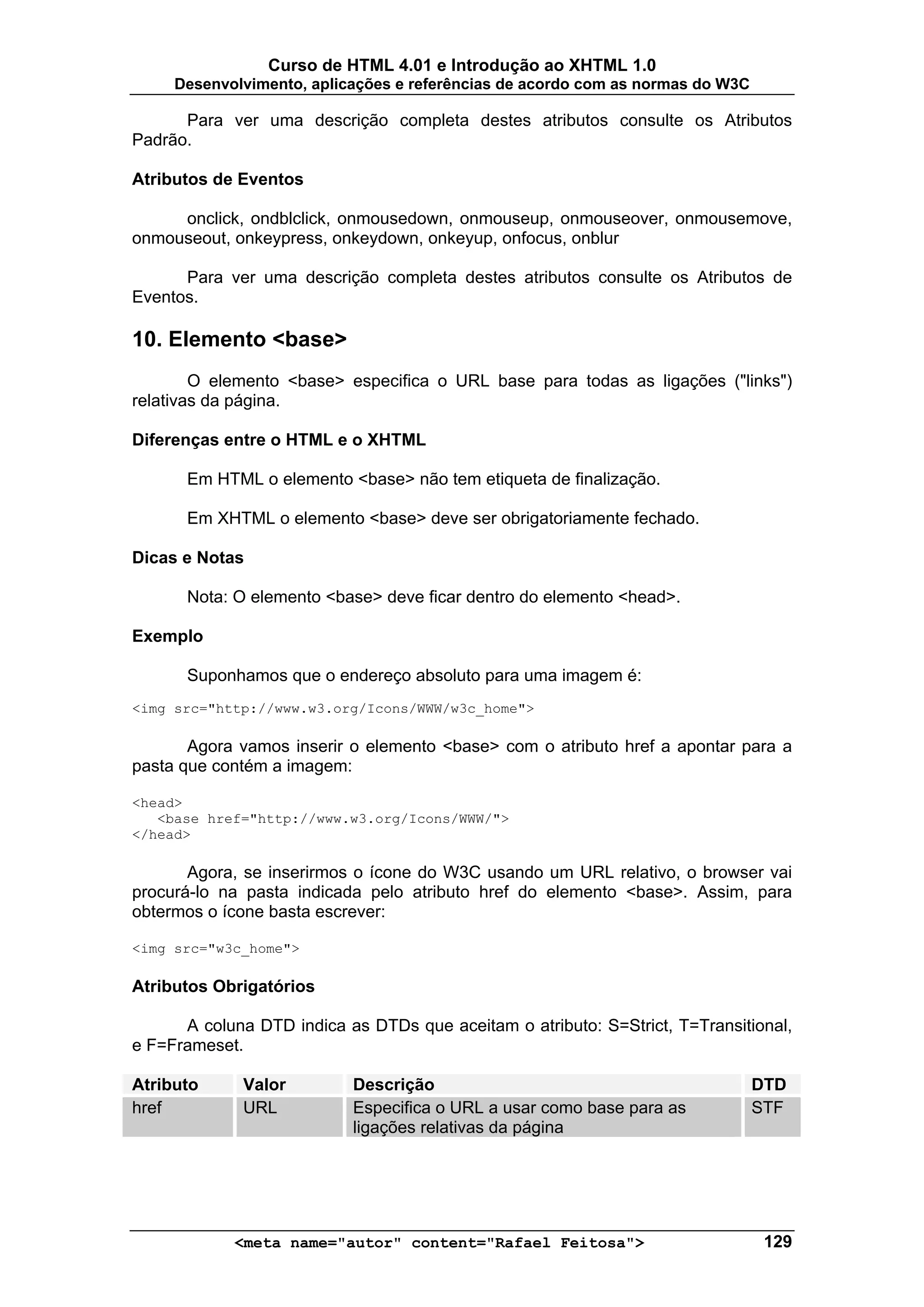 Curso de HTML 4.01 e Introdução ao XHTML 1.0
     Desenvolvimento, aplicações e referências de acordo com as normas do W3C

      Para ver uma descrição completa destes atributos consulte os Atributos
Padrão.

Atributos de Eventos

     onclick, ondblclick, onmousedown, onmouseup, onmouseover, onmousemove,
onmouseout, onkeypress, onkeydown, onkeyup, onfocus, onblur

      Para ver uma descrição completa destes atributos consulte os Atributos de
Eventos.

10. Elemento <base>
        O elemento <base> especifica o URL base para todas as ligações ("links")
relativas da página.

Diferenças entre o HTML e o XHTML

      Em HTML o elemento <base> não tem etiqueta de finalização.

      Em XHTML o elemento <base> deve ser obrigatoriamente fechado.

Dicas e Notas

      Nota: O elemento <base> deve ficar dentro do elemento <head>.

Exemplo

      Suponhamos que o endereço absoluto para uma imagem é:
<img src="http://www.w3.org/Icons/WWW/w3c_home">

       Agora vamos inserir o elemento <base> com o atributo href a apontar para a
pasta que contém a imagem:

<head>
   <base href="http://www.w3.org/Icons/WWW/">
</head>

       Agora, se inserirmos o ícone do W3C usando um URL relativo, o browser vai
procurá-lo na pasta indicada pelo atributo href do elemento <base>. Assim, para
obtermos o ícone basta escrever:

<img src="w3c_home">

Atributos Obrigatórios

      A coluna DTD indica as DTDs que aceitam o atributo: S=Strict, T=Transitional,
e F=Frameset.

Atributo     Valor         Descrição                                            DTD
href         URL           Especifica o URL a usar como base para as            STF
                           ligações relativas da página




            <meta name="autor" content="Rafael Feitosa">                         129
 