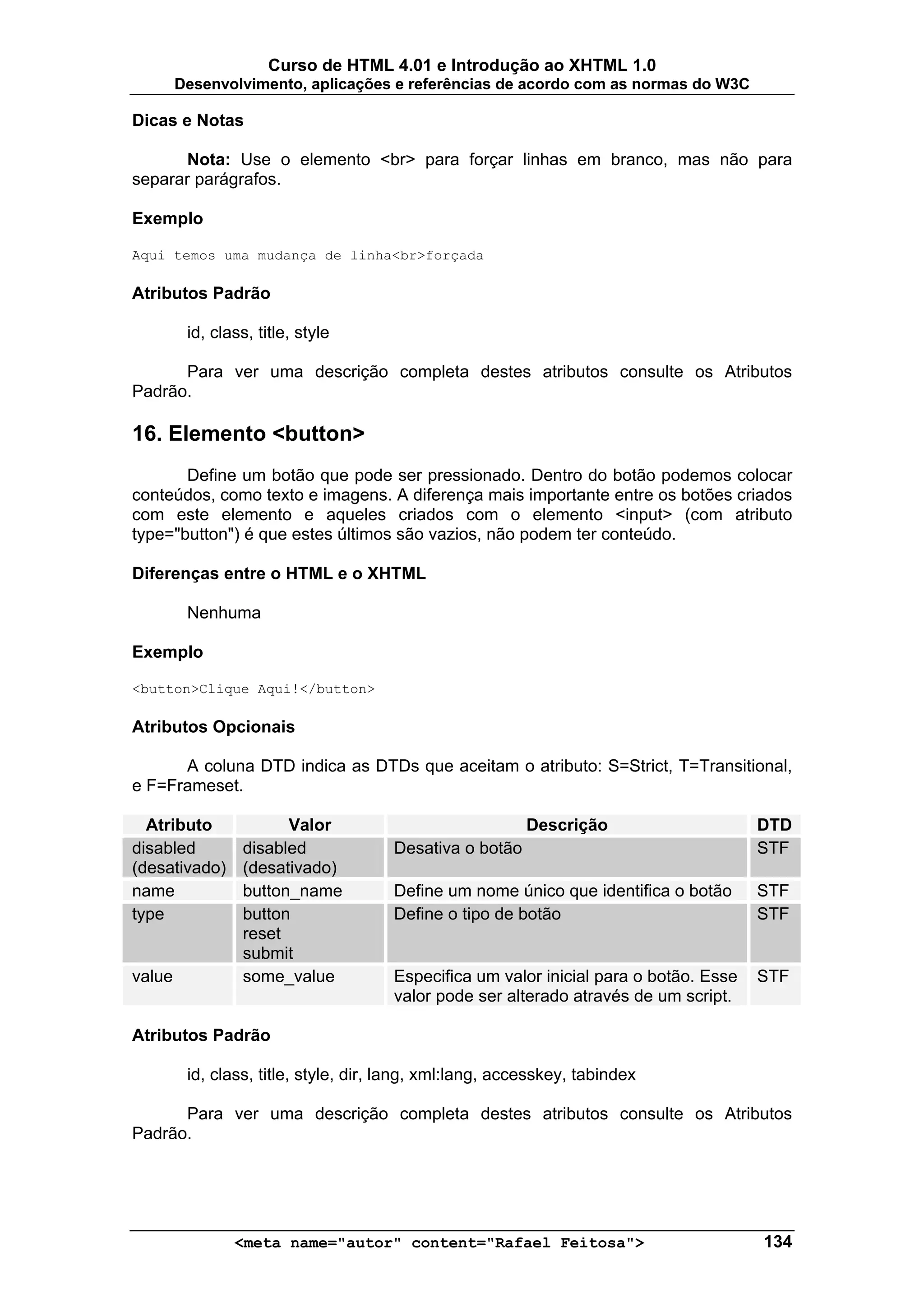 Curso de HTML 4.01 e Introdução ao XHTML 1.0
        Desenvolvimento, aplicações e referências de acordo com as normas do W3C

Dicas e Notas

      Nota: Use o elemento <br> para forçar linhas em branco, mas não para
separar parágrafos.

Exemplo

Aqui temos uma mudança de linha<br>forçada

Atributos Padrão

         id, class, title, style

      Para ver uma descrição completa destes atributos consulte os Atributos
Padrão.

16. Elemento <button>
       Define um botão que pode ser pressionado. Dentro do botão podemos colocar
conteúdos, como texto e imagens. A diferença mais importante entre os botões criados
com este elemento e aqueles criados com o elemento <input> (com atributo
type="button") é que estes últimos são vazios, não podem ter conteúdo.

Diferenças entre o HTML e o XHTML

         Nenhuma

Exemplo

<button>Clique Aqui!</button>

Atributos Opcionais

      A coluna DTD indica as DTDs que aceitam o atributo: S=Strict, T=Transitional,
e F=Frameset.

  Atributo              Valor                             Descrição                    DTD
disabled          disabled            Desativa o botão                                 STF
(desativado)      (desativado)
name              button_name         Define um nome único que identifica o botão      STF
type              button              Define o tipo de botão                           STF
                  reset
                  submit
value             some_value          Especifica um valor inicial para o botão. Esse   STF
                                      valor pode ser alterado através de um script.

Atributos Padrão

         id, class, title, style, dir, lang, xml:lang, accesskey, tabindex

      Para ver uma descrição completa destes atributos consulte os Atributos
Padrão.




                <meta name="autor" content="Rafael Feitosa">                           134
 