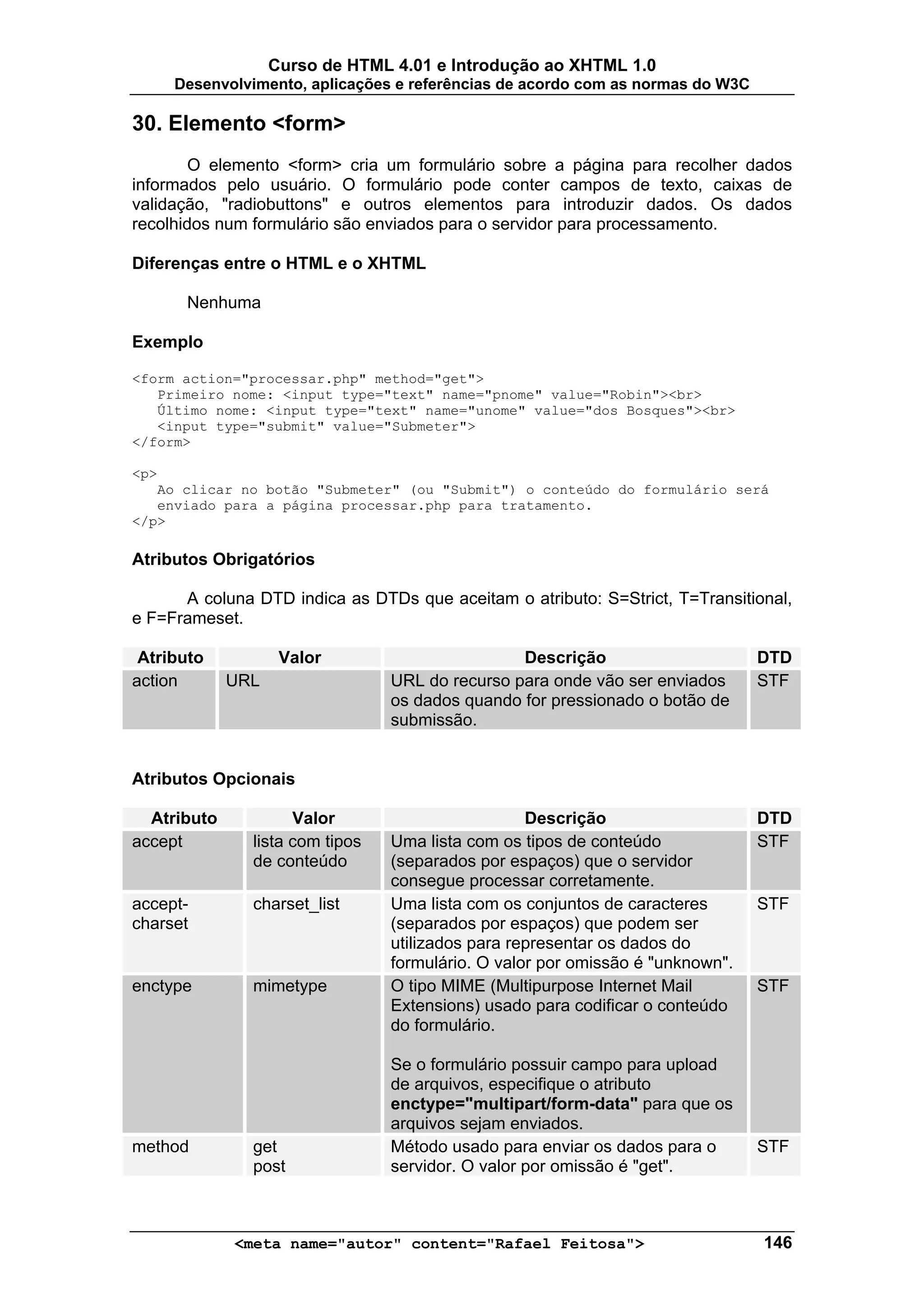 Curso de HTML 4.01 e Introdução ao XHTML 1.0
     Desenvolvimento, aplicações e referências de acordo com as normas do W3C

30. Elemento <form>
        O elemento <form> cria um formulário sobre a página para recolher dados
informados pelo usuário. O formulário pode conter campos de texto, caixas de
validação, "radiobuttons" e outros elementos para introduzir dados. Os dados
recolhidos num formulário são enviados para o servidor para processamento.

Diferenças entre o HTML e o XHTML

      Nenhuma

Exemplo

<form action="processar.php" method="get">
   Primeiro nome: <input type="text" name="pnome" value="Robin"><br>
   Último nome: <input type="text" name="unome" value="dos Bosques"><br>
   <input type="submit" value="Submeter">
</form>

<p>
   Ao clicar no botão "Submeter" (ou "Submit") o conteúdo do formulário será
   enviado para a página processar.php para tratamento.
</p>

Atributos Obrigatórios

      A coluna DTD indica as DTDs que aceitam o atributo: S=Strict, T=Transitional,
e F=Frameset.

 Atributo           Valor                        Descrição                      DTD
action       URL                 URL do recurso para onde vão ser enviados      STF
                                 os dados quando for pressionado o botão de
                                 submissão.


Atributos Opcionais

  Atributo           Valor                         Descrição                    DTD
accept         lista com tipos   Uma lista com os tipos de conteúdo             STF
               de conteúdo       (separados por espaços) que o servidor
                                 consegue processar corretamente.
accept-        charset_list      Uma lista com os conjuntos de caracteres       STF
charset                          (separados por espaços) que podem ser
                                 utilizados para representar os dados do
                                 formulário. O valor por omissão é "unknown".
enctype        mimetype          O tipo MIME (Multipurpose Internet Mail        STF
                                 Extensions) usado para codificar o conteúdo
                                 do formulário.

                                 Se o formulário possuir campo para upload
                                 de arquivos, especifique o atributo
                                 enctype="multipart/form-data" para que os
                                 arquivos sejam enviados.
method         get               Método usado para enviar os dados para o       STF
               post              servidor. O valor por omissão é "get".



             <meta name="autor" content="Rafael Feitosa">                       146
 