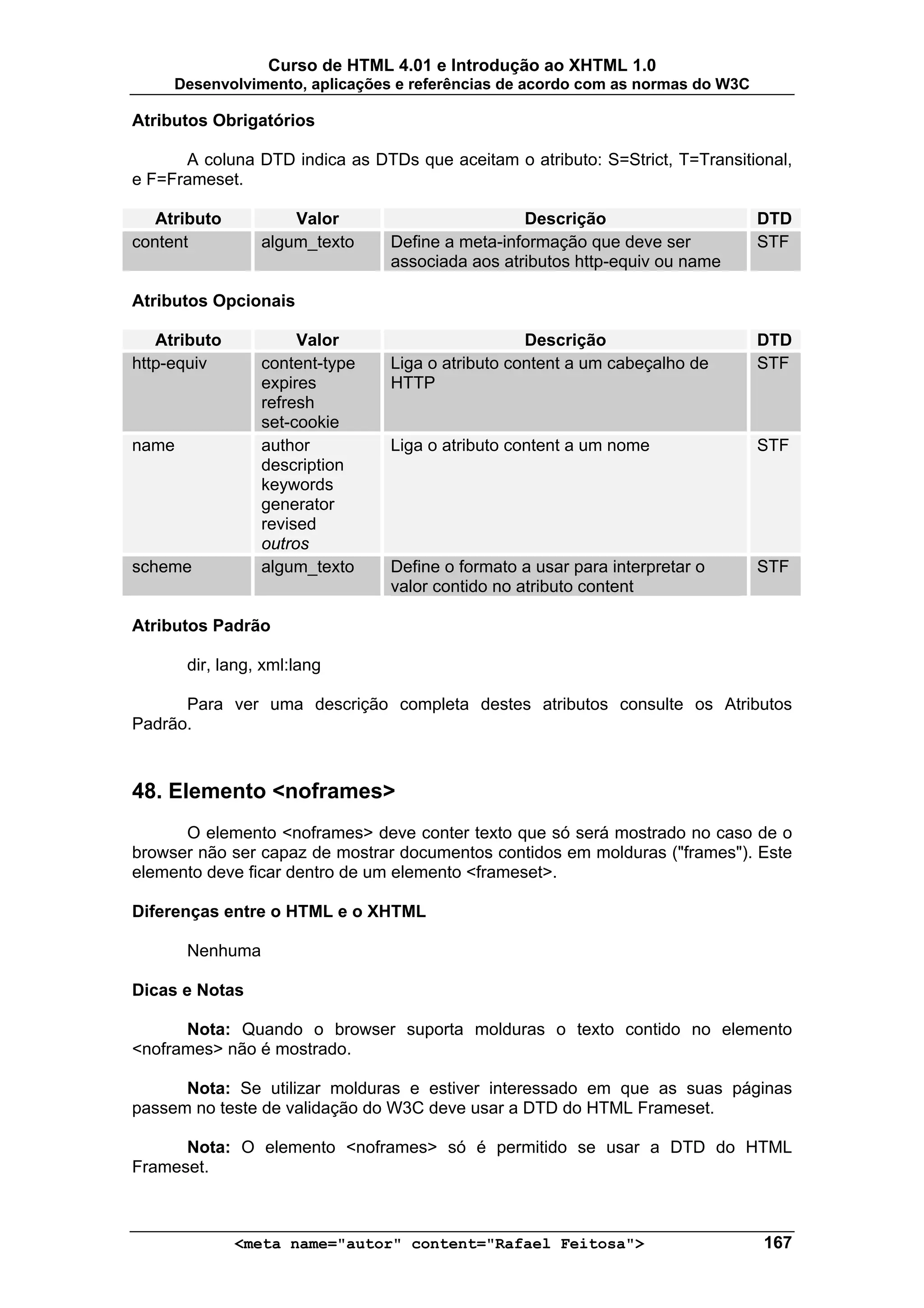 Curso de HTML 4.01 e Introdução ao XHTML 1.0
     Desenvolvimento, aplicações e referências de acordo com as normas do W3C

Atributos Obrigatórios

      A coluna DTD indica as DTDs que aceitam o atributo: S=Strict, T=Transitional,
e F=Frameset.

   Atributo          Valor                       Descrição                      DTD
content          algum_texto    Define a meta-informação que deve ser           STF
                                associada aos atributos http-equiv ou name

Atributos Opcionais

   Atributo           Valor                       Descrição                     DTD
http-equiv       content-type   Liga o atributo content a um cabeçalho de       STF
                 expires        HTTP
                 refresh
                 set-cookie
name             author         Liga o atributo content a um nome               STF
                 description
                 keywords
                 generator
                 revised
                 outros
scheme           algum_texto    Define o formato a usar para interpretar o      STF
                                valor contido no atributo content

Atributos Padrão

       dir, lang, xml:lang

      Para ver uma descrição completa destes atributos consulte os Atributos
Padrão.



48. Elemento <noframes>
      O elemento <noframes> deve conter texto que só será mostrado no caso de o
browser não ser capaz de mostrar documentos contidos em molduras ("frames"). Este
elemento deve ficar dentro de um elemento <frameset>.

Diferenças entre o HTML e o XHTML

       Nenhuma

Dicas e Notas

      Nota: Quando o browser suporta molduras o texto contido no elemento
<noframes> não é mostrado.

      Nota: Se utilizar molduras e estiver interessado em que as suas páginas
passem no teste de validação do W3C deve usar a DTD do HTML Frameset.

      Nota: O elemento <noframes> só é permitido se usar a DTD do HTML
Frameset.



              <meta name="autor" content="Rafael Feitosa">                      167
 
