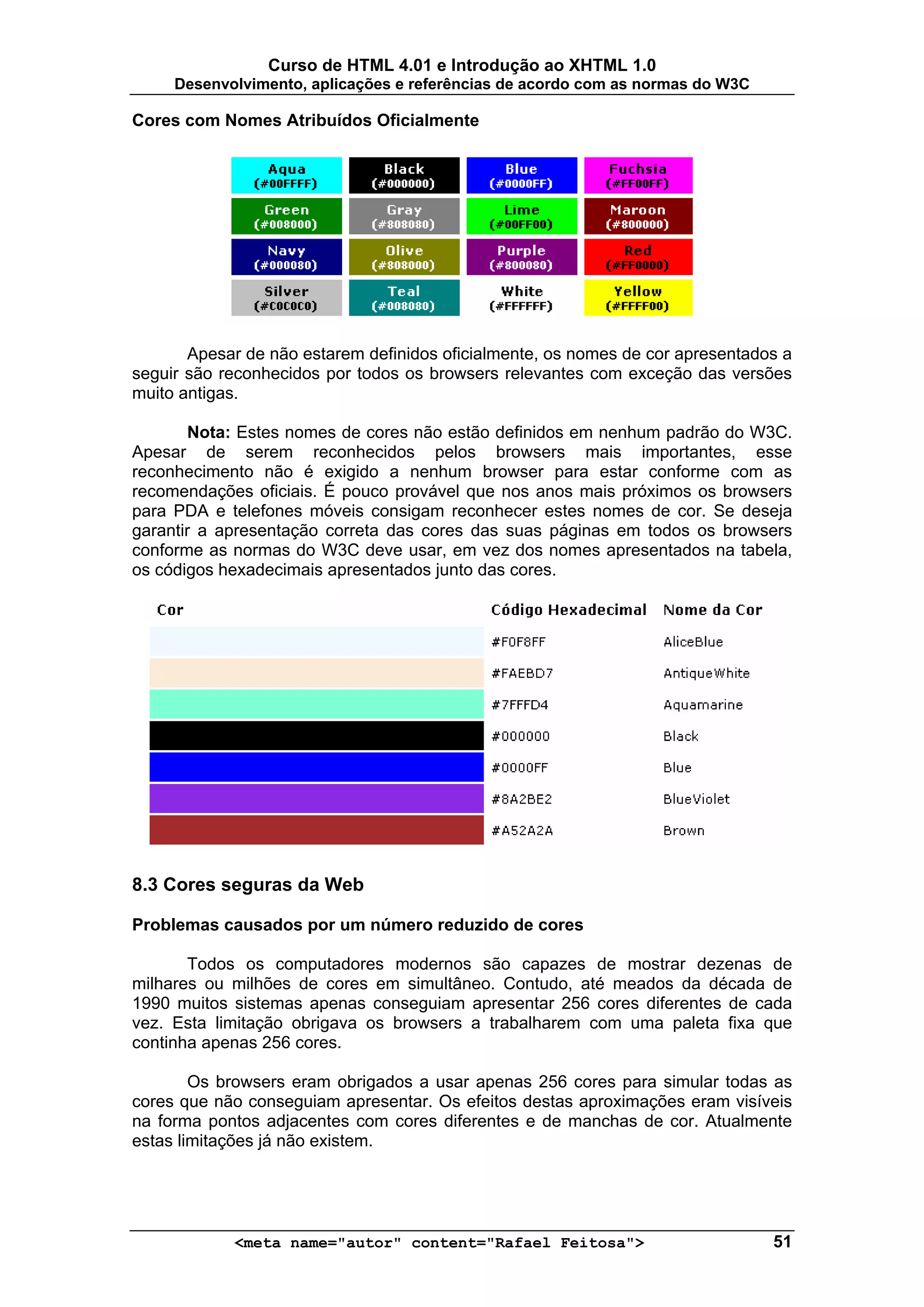 Curso de HTML 4.01 e Introdução ao XHTML 1.0
     Desenvolvimento, aplicações e referências de acordo com as normas do W3C

Cores com Nomes Atribuídos Oficialmente




       Apesar de não estarem definidos oficialmente, os nomes de cor apresentados a
seguir são reconhecidos por todos os browsers relevantes com exceção das versões
muito antigas.

       Nota: Estes nomes de cores não estão definidos em nenhum padrão do W3C.
Apesar de serem reconhecidos pelos browsers mais importantes, esse
reconhecimento não é exigido a nenhum browser para estar conforme com as
recomendações oficiais. É pouco provável que nos anos mais próximos os browsers
para PDA e telefones móveis consigam reconhecer estes nomes de cor. Se deseja
garantir a apresentação correta das cores das suas páginas em todos os browsers
conforme as normas do W3C deve usar, em vez dos nomes apresentados na tabela,
os códigos hexadecimais apresentados junto das cores.




8.3 Cores seguras da Web

Problemas causados por um número reduzido de cores

       Todos os computadores modernos são capazes de mostrar dezenas de
milhares ou milhões de cores em simultâneo. Contudo, até meados da década de
1990 muitos sistemas apenas conseguiam apresentar 256 cores diferentes de cada
vez. Esta limitação obrigava os browsers a trabalharem com uma paleta fixa que
continha apenas 256 cores.

        Os browsers eram obrigados a usar apenas 256 cores para simular todas as
cores que não conseguiam apresentar. Os efeitos destas aproximações eram visíveis
na forma pontos adjacentes com cores diferentes e de manchas de cor. Atualmente
estas limitações já não existem.




            <meta name="autor" content="Rafael Feitosa">                        51
 